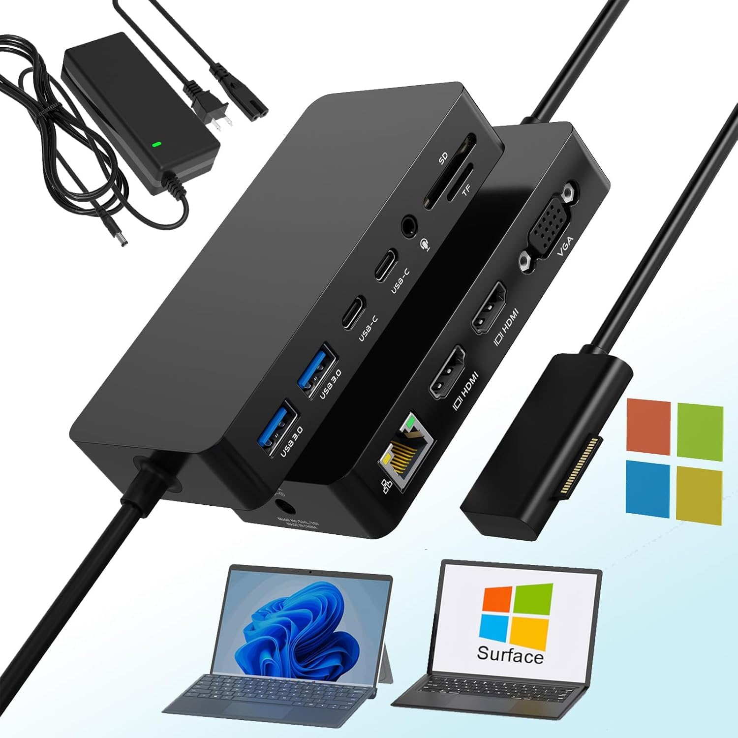 Microsoft Surface Pro Docking Station - 12-in-1 Triple Monitor Dock with Dual HDMI & VGA, Ethernet, SD/TF Card Reader, Audio & 4 USB Ports - Compatible with Surface Pro 10/9/8/X/7/6/5/4, Surface Laptop 6/5/4/3/2, Surface Book - Perfect for Home Office, Gaming & Multi-Tasking Workspace Setup