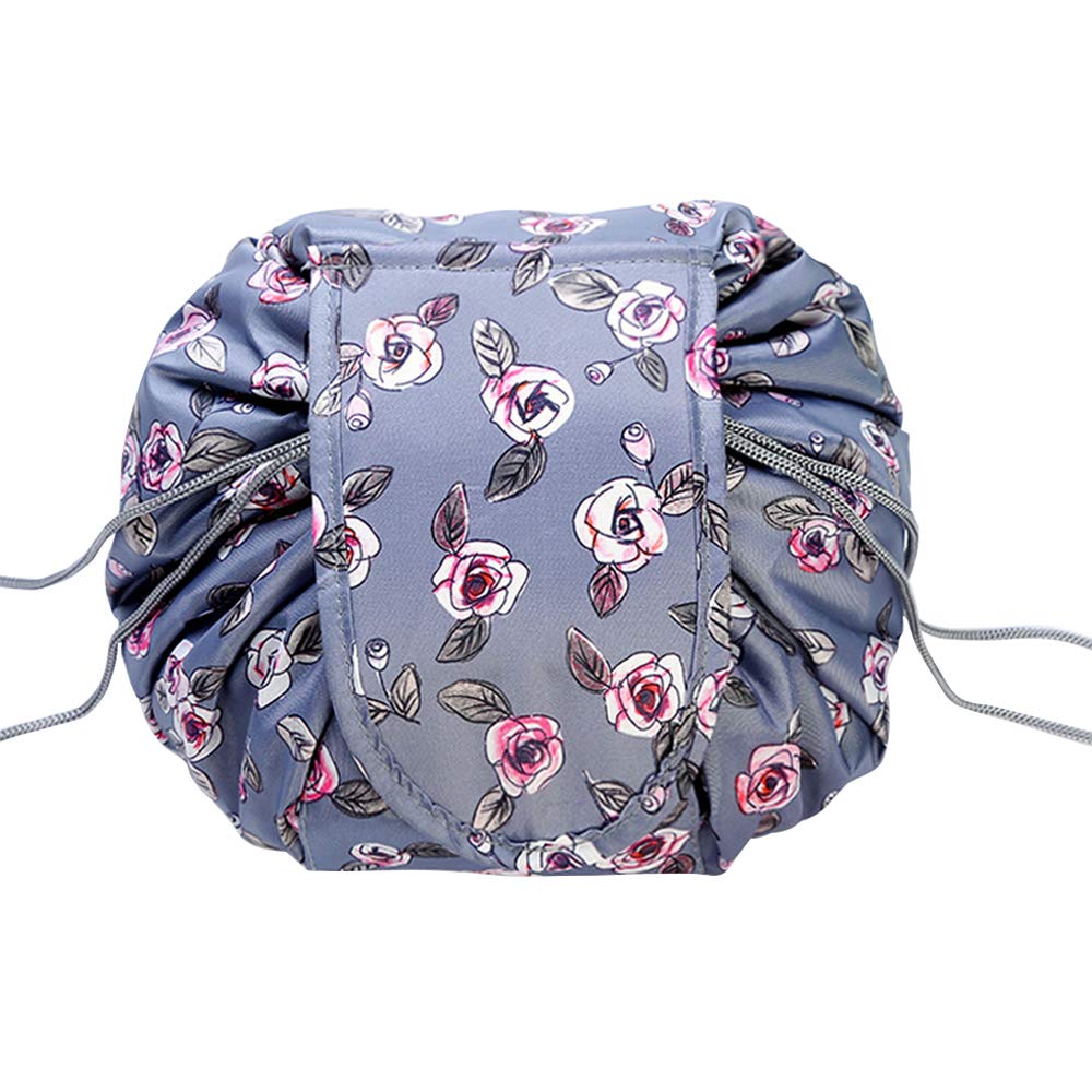 Large Capacity Waterproof Cosmetic Bag with Drawstring - Portable Makeup Pouch for Travel, Gym & Daily Use - Beauty Organizer for Makeup Brushes & Toiletries (Grey Rose)