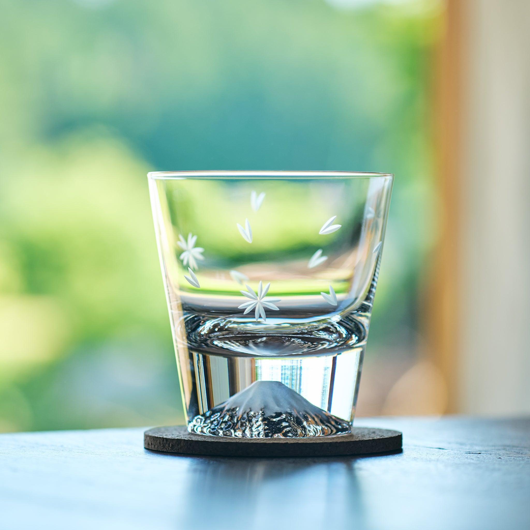 Tajima Mount Fuji Whiskey Glass Set - Japanese Cherry Blossom Design Rocks Glasses for Bourbon, Scotch & Cocktails - Perfect for Home Bar, Gifts & Japanese Culture Enthusiasts
