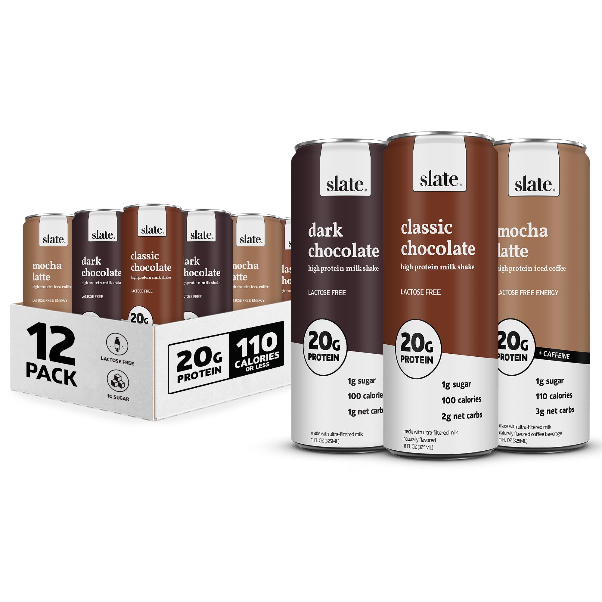 Slate Milk High Protein Chocolate Shake Variety Pack - Lactose Free, 20g Protein, 1g Sugar, Low Calorie (100-110), Low Carb (1-3g Net Carbs) - 12 Pack (11 fl oz Cans) - Perfect for Post-Workout Recovery, Keto Diet & Healthy On-The-Go Snacking