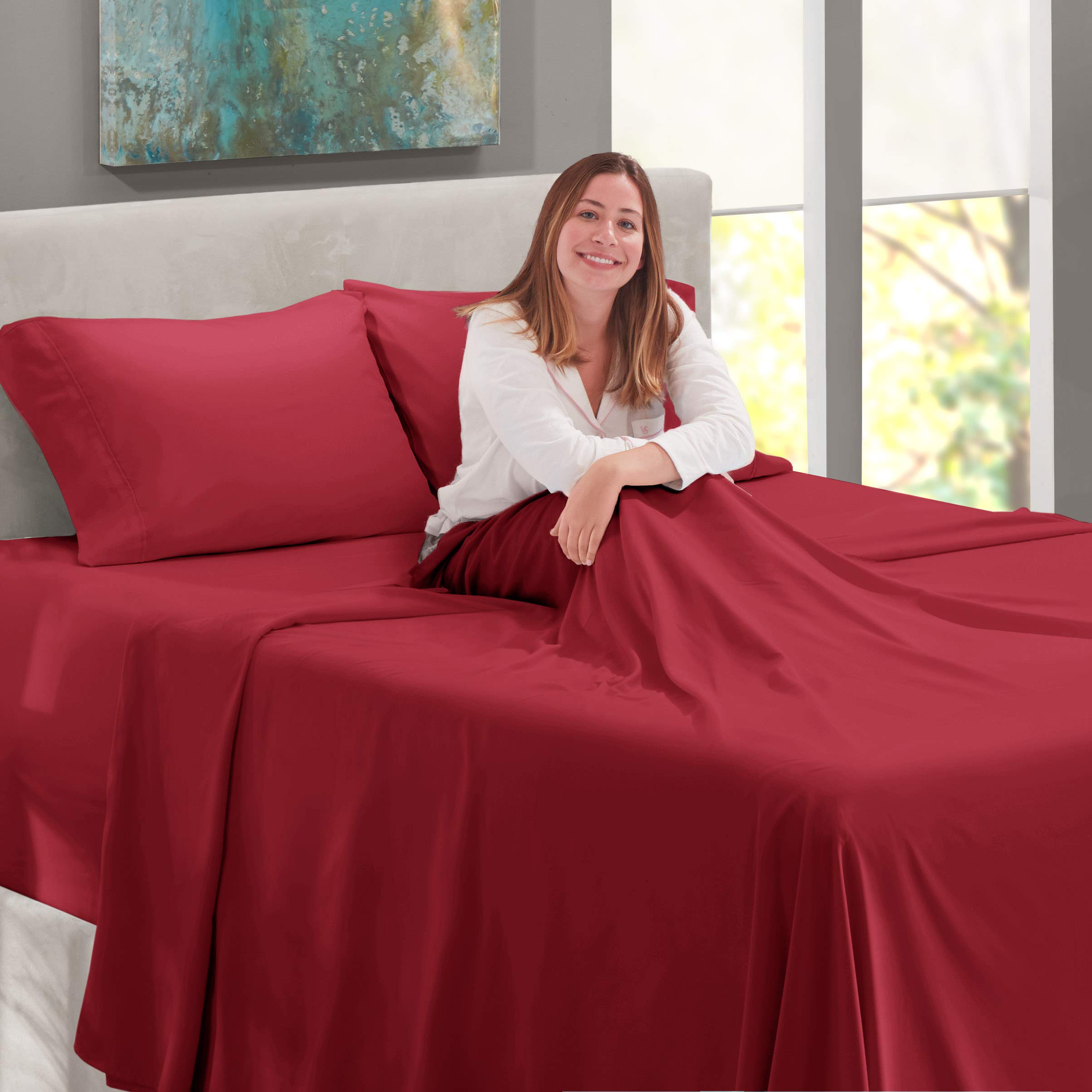 Nestl Extra Deep Pocket Sheets - 4 Piece Twin XL Sheet Set Fits Mattress 18-24 Inches Deep, Burgundy Red Bed Sheets for Comfort & Durability | Perfect for Guest Rooms, Dorms & Deep Mattress Beds