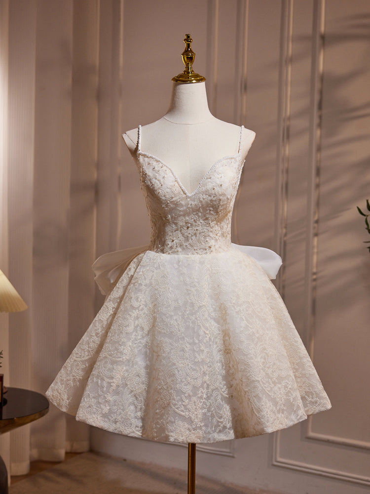 Elegant A-Line V-Neck Lace Champagne Short Prom Dress for Homecoming, Party, and Special Occasions - Perfect for Dances, Weddings, and Formal Events
