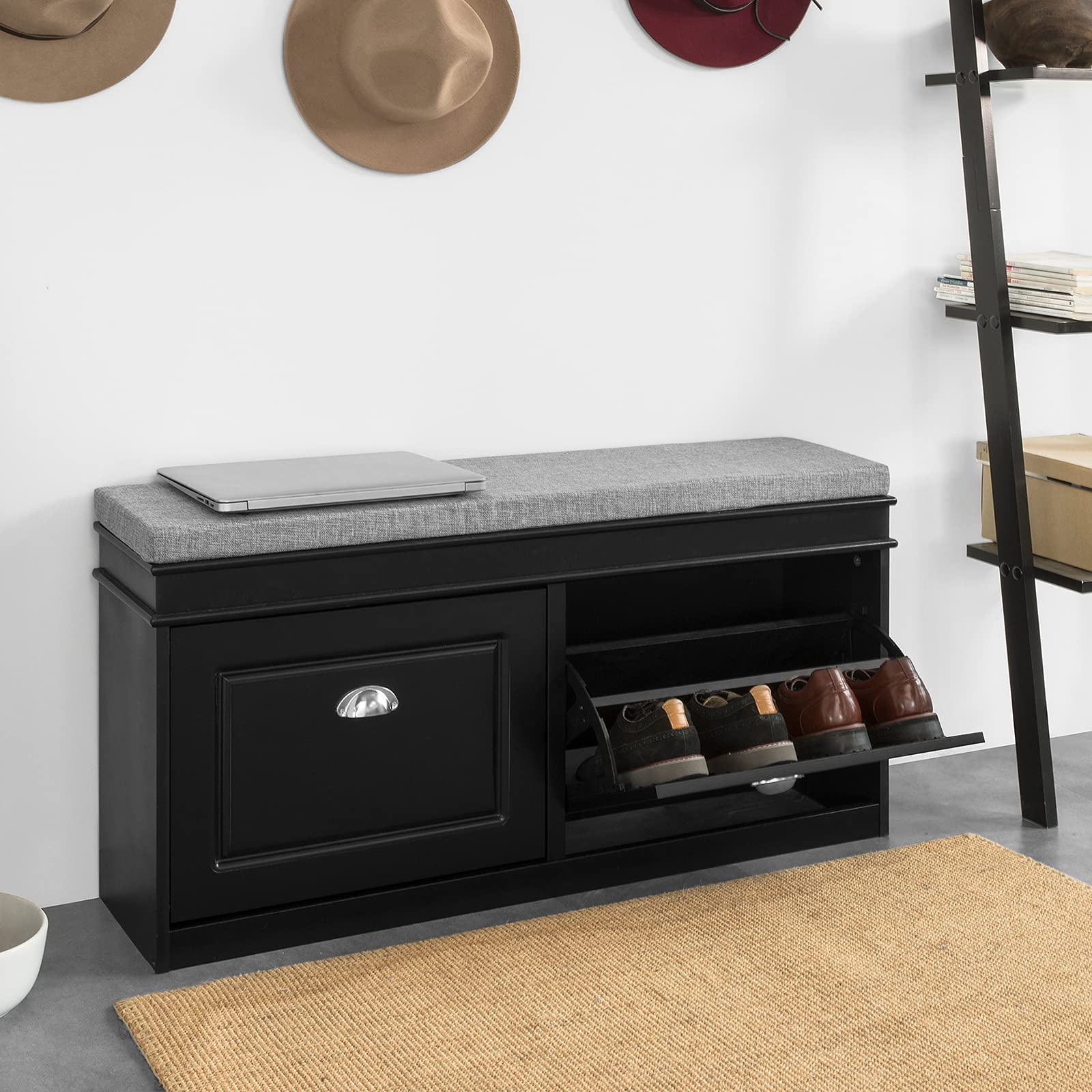 SoBuy Black Storage Shoe Bench with 2 Flip Drawers - Hidden Shoe Cabinet & Free Standing Shoe Rack - Hallway Entryway Storage Bench with Seat Cushion (FSR64-SCH) - Perfect for Small Spaces, Mudrooms & Closet Organization