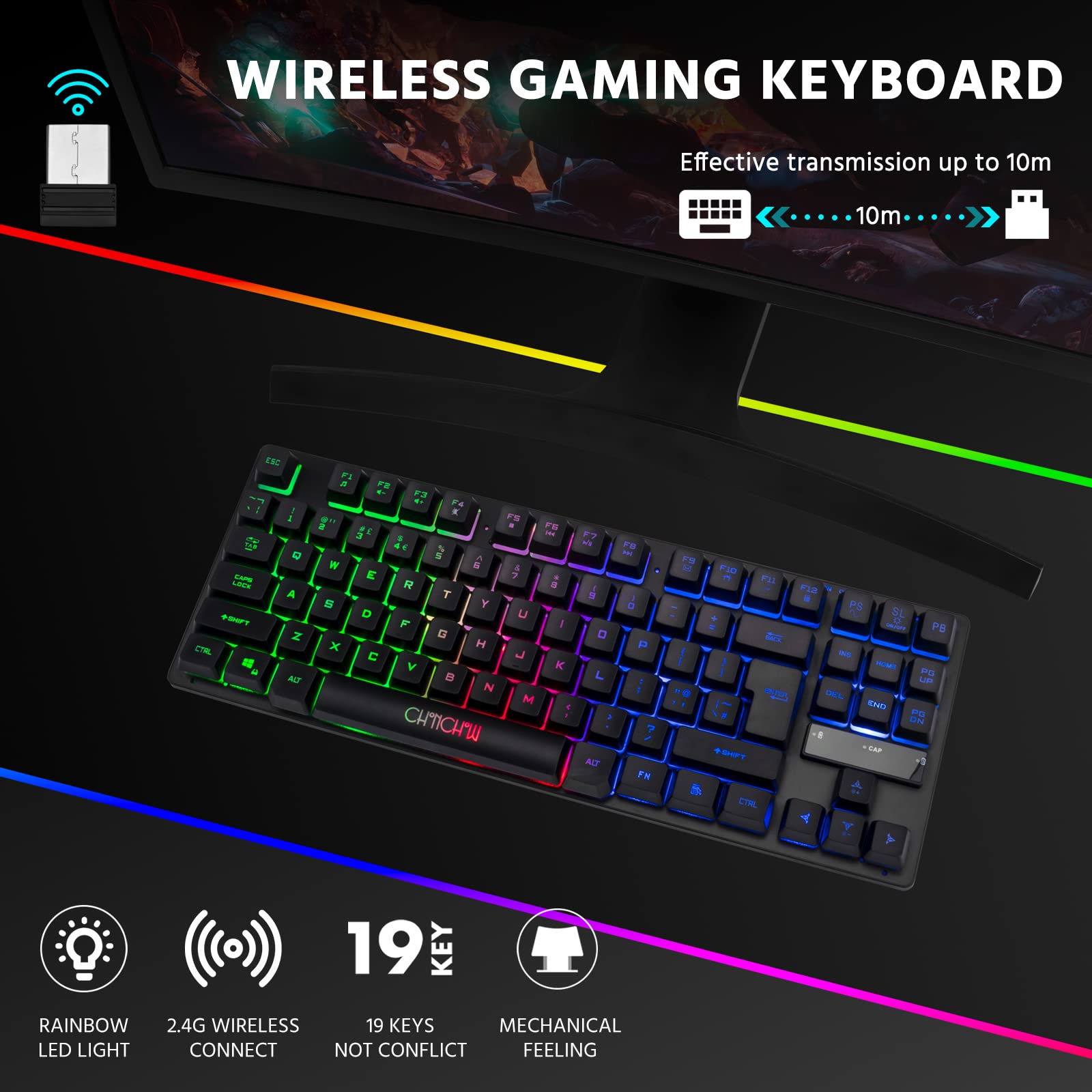 CHONCHOW 87-Key RGB Backlit Wireless Gaming Keyboard - Rechargeable LED Mechanical Keyboard for PC, PS4, PS5, Xbox One - Perfect for Gaming, Office Work & Late-Night Typing