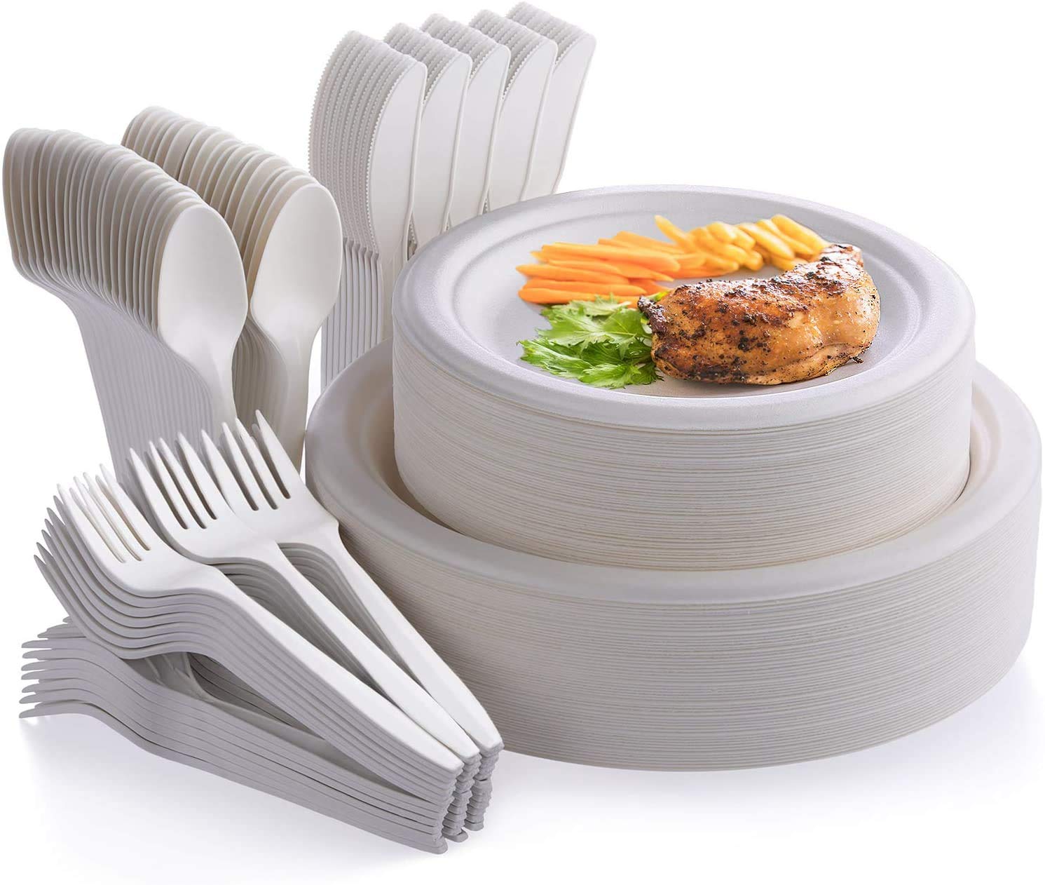 Eco-Friendly Biodegradable Compostable Plates and Utensils Set - 250 Pieces for 50 People - Party Disposable Dinnerware - Microwave & Freezer Safe - Premium Quality Natural Cutlery for Picnics, BBQs, and Outdoor Events