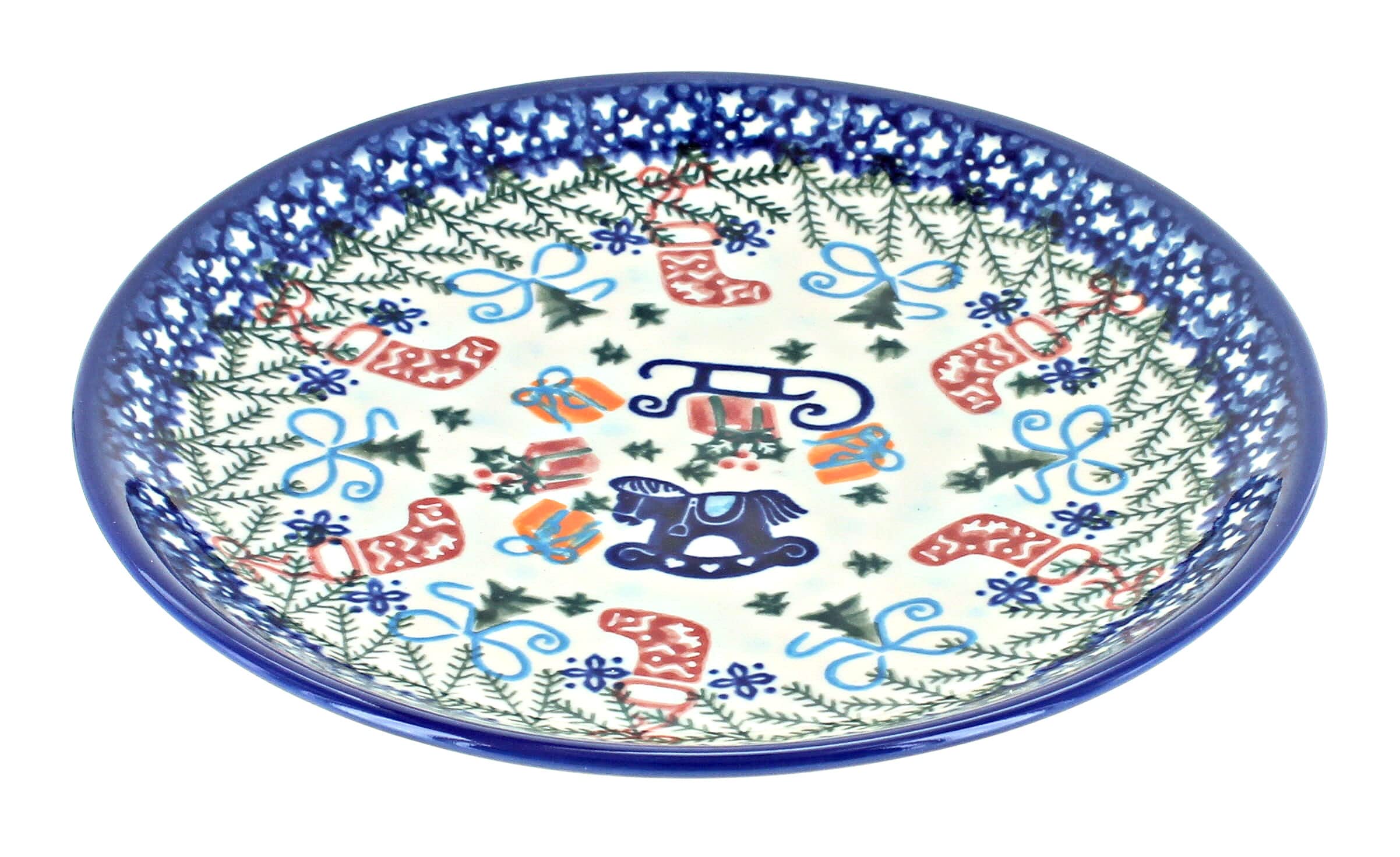 Hand-Painted Blue Rose Polish Pottery Christmas Dessert Plate - Holiday Tableware for Festive Gatherings & Seasonal Decor