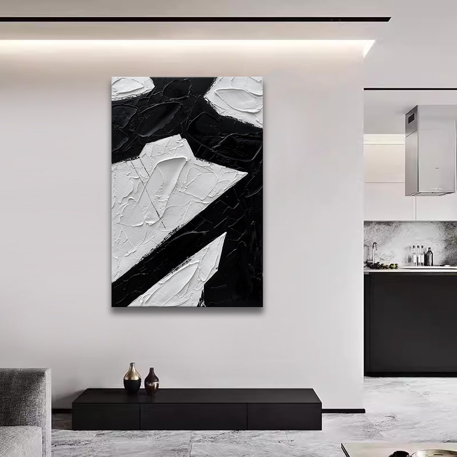 Zoinart Hand Painted Black & White Abstract Wall Art - 24x36 Inch Modern Oil Painting with Vertical Texture, Contemporary Minimalist Home Decor for Living Room, Bedroom & Office