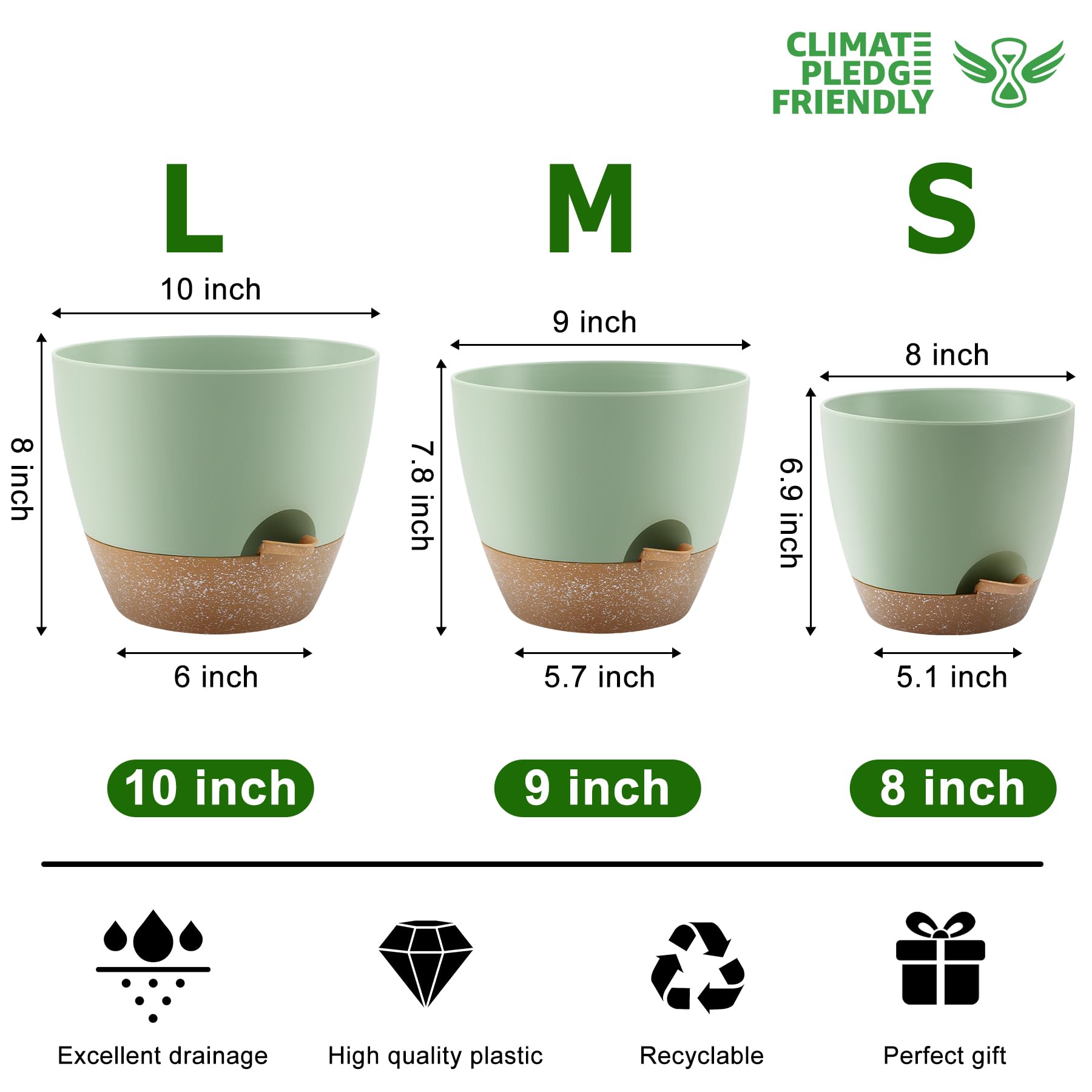 10/9/8 Inch Self Watering Plant Pots with Drainage Holes - Set of 3 Plastic Planters with Saucers for Indoor & Outdoor Plants - Perfect for Herbs, Succulents, Flowers and Home Garden Decor (Green)
