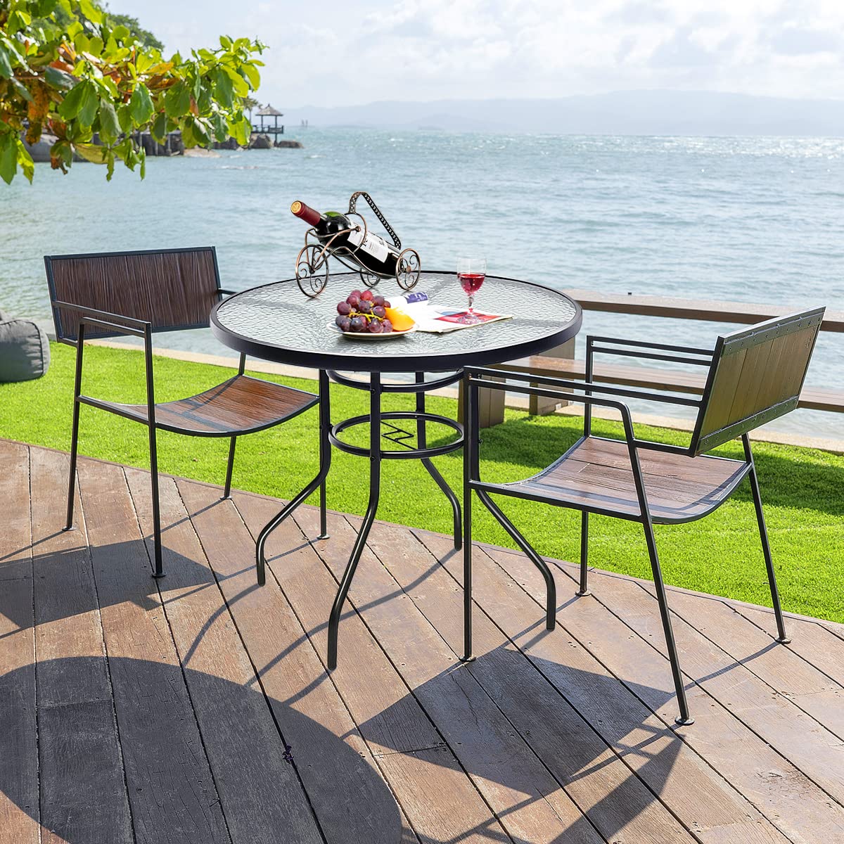 32'' Round Outdoor Patio Table with Umbrella Hole - Tempered Glass Top & Sturdy Metal Frame - Bistro Dining Coffee Table for Garden, Balcony, Poolside - Perfect for Outdoor Entertaining & Relaxation
