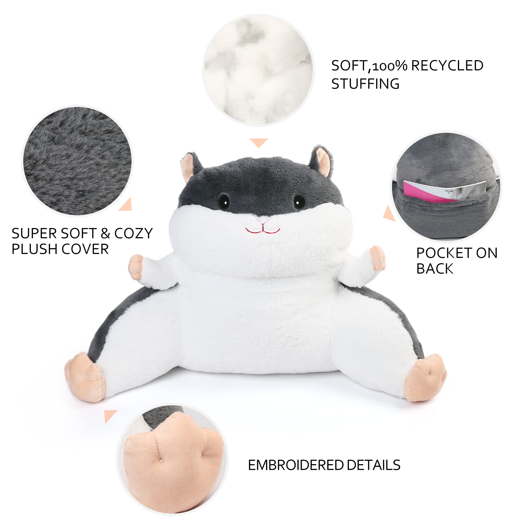 BenBen Reading Pillow for Kids, Teens & Adults - Soft Plush Bed Rest Pillow with Arms & Hamster Pattern - Perfect for Sitting Up in Bed, Reading, Watching TV & Relaxing
