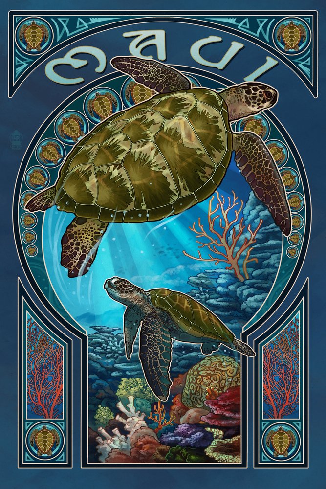 Hawaiian Sea Turtle Art Nouveau Wall Art Print - 24x36 Inches Signed Masterpiece, Tropical Ocean Decor for Home & Office