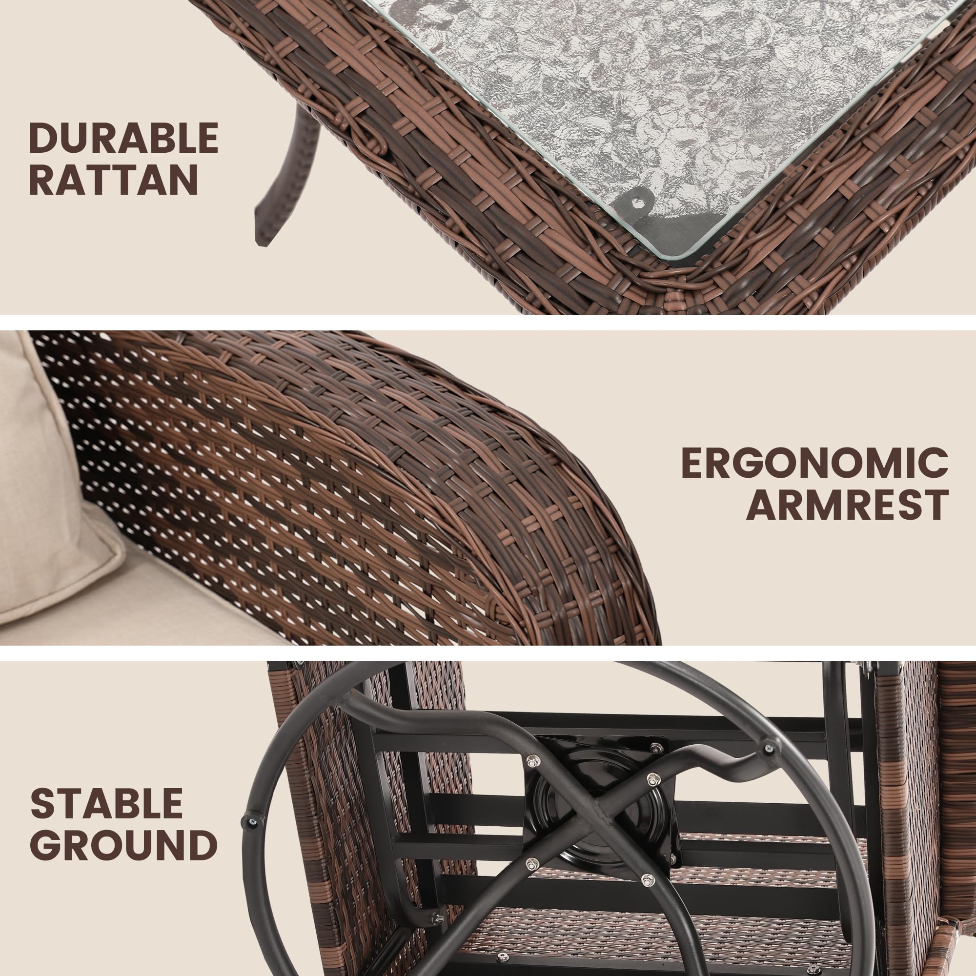 Kromax 3-Piece Patio Furniture Set - Outdoor Swivel Glider Rocker, Wicker Bistro Set with Rattan Rocking Chair & Glass Top Table - Thick Cushions for Porch, Deck, Garden or Backyard (Brown Rattan & Beige Cushion) - Perfect for Relaxing, Entertaining & Outdoor Dining