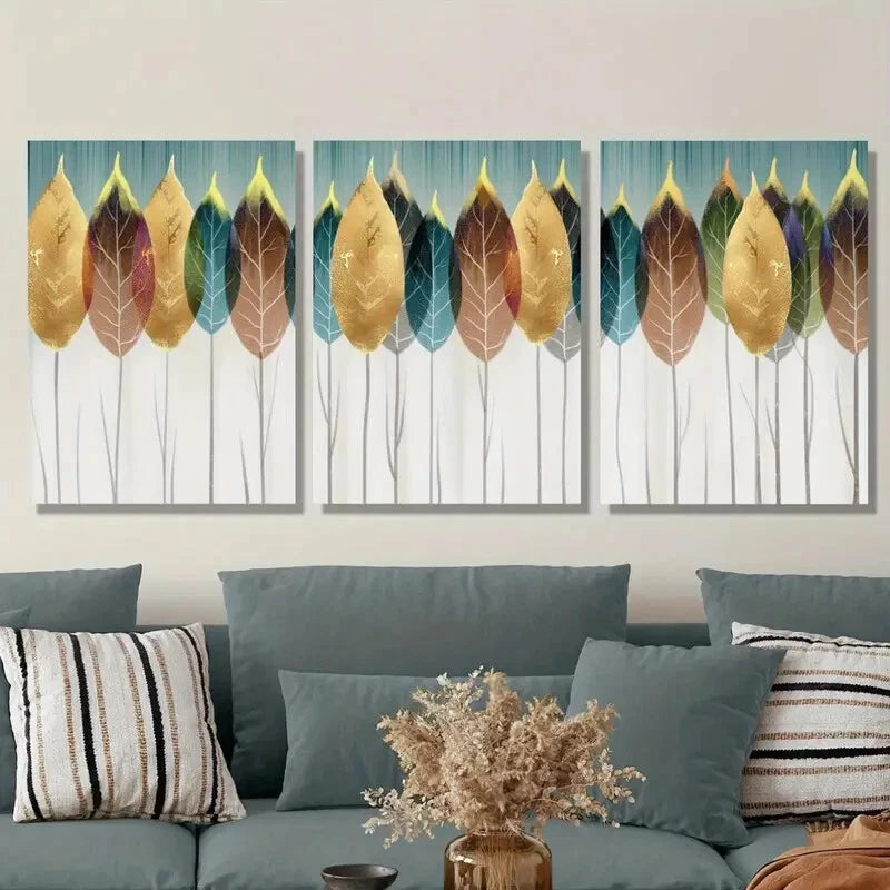 3-Piece Golden Leaf Design Metal Wall Art - Ready to Hang Modern Home Decor for Living Room, Bedroom & Office