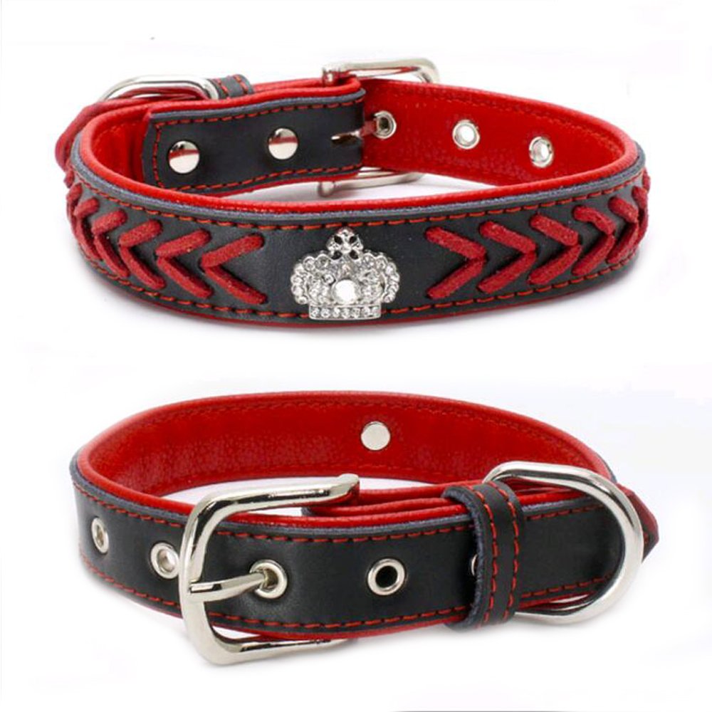 Premium Handmade Braided Leather Dog Collar with Rhinestone Crown - Adjustable 14.5