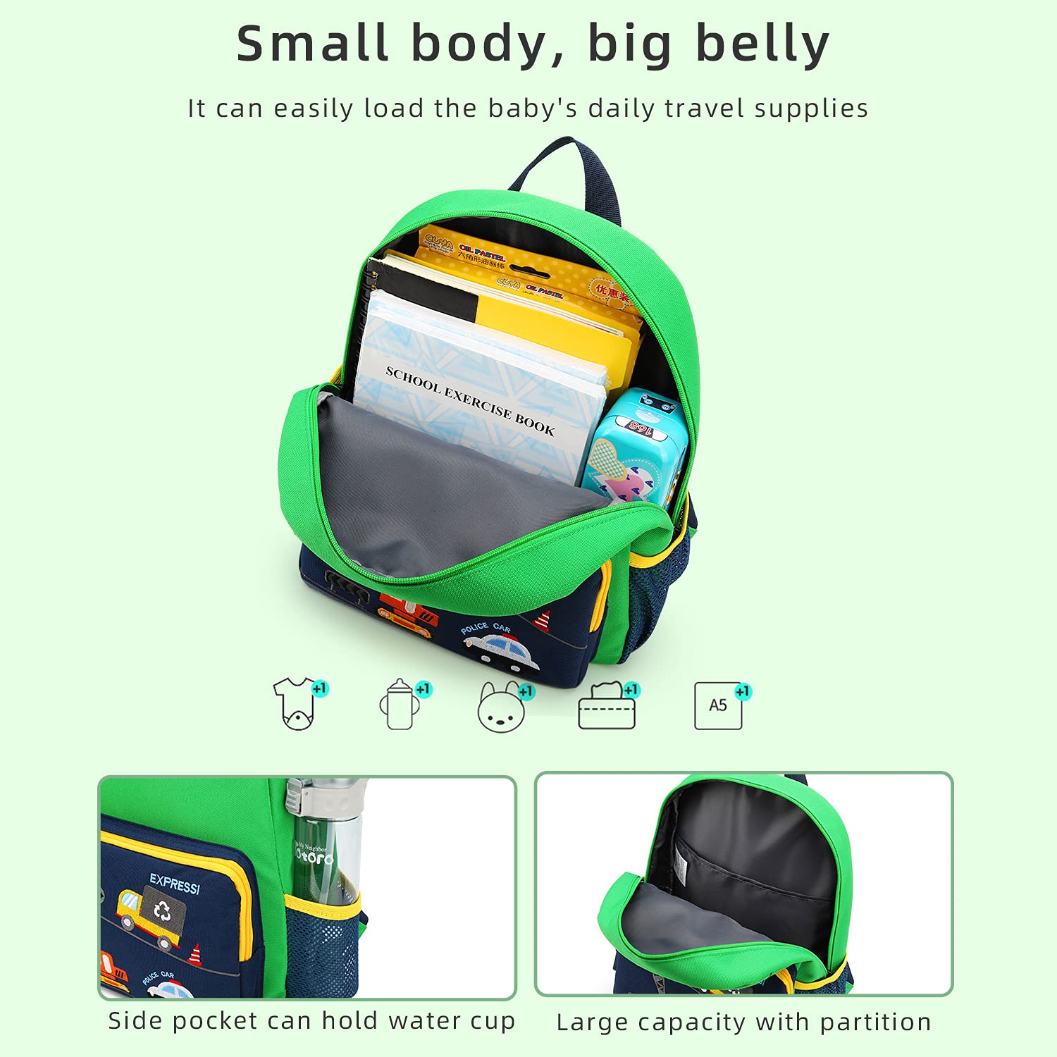 Dinosaur Kids Backpack for Boys & Girls - Waterproof Toddler Backpack for Preschool, Daycare & Travel - Cute Green Bus Design for School Supplies & Outdoor Adventures