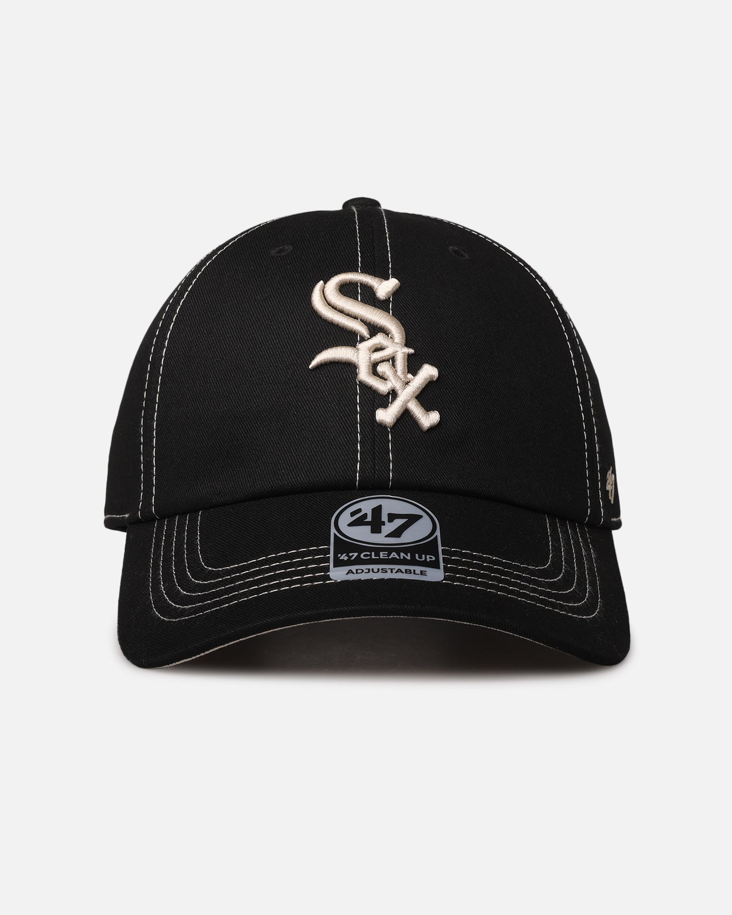 47 Brand Chicago White Sox 'Contrast Stitch' 47 Clean Up Strapback Adjustable Hat - Black/Bone - Official MLB Licensed Baseball Cap for Men & Women - Perfect for Games, Streetwear & Casual Outfits