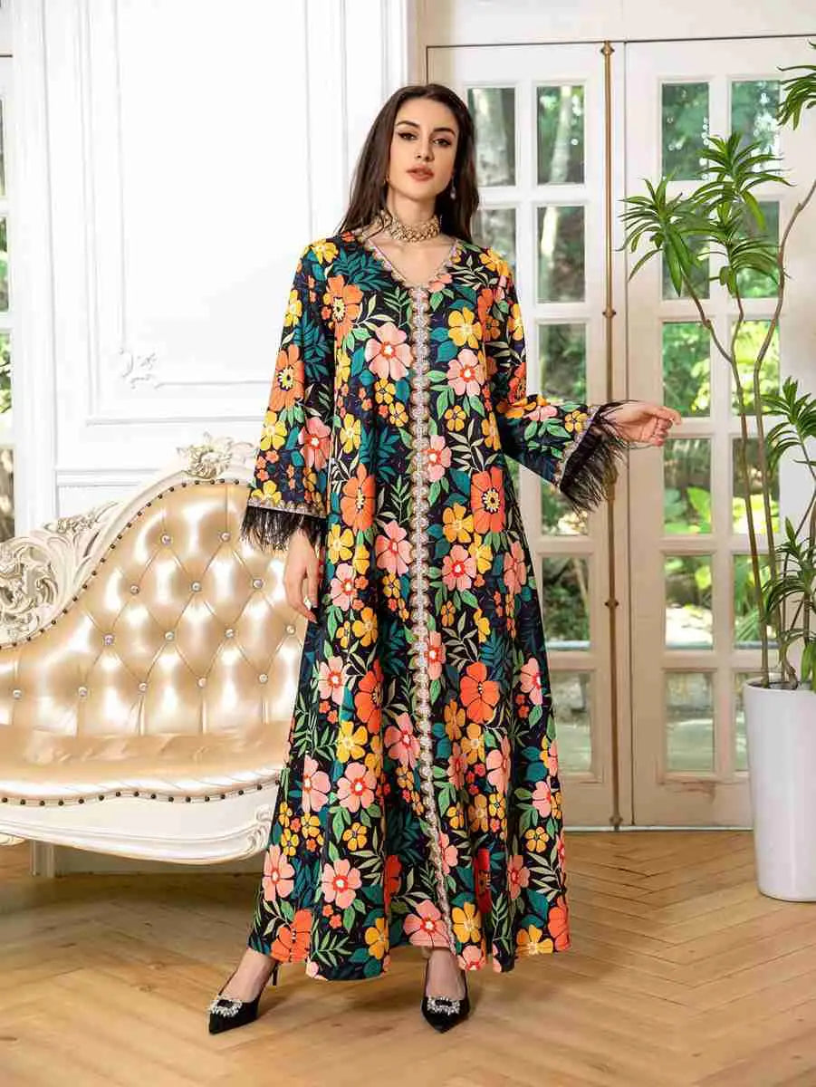 Elegant Hotfix Rhinestone Feather Sleeve Kaftan Dress for Women - Perfect for Eid, Parties, Weddings & Special Occasions