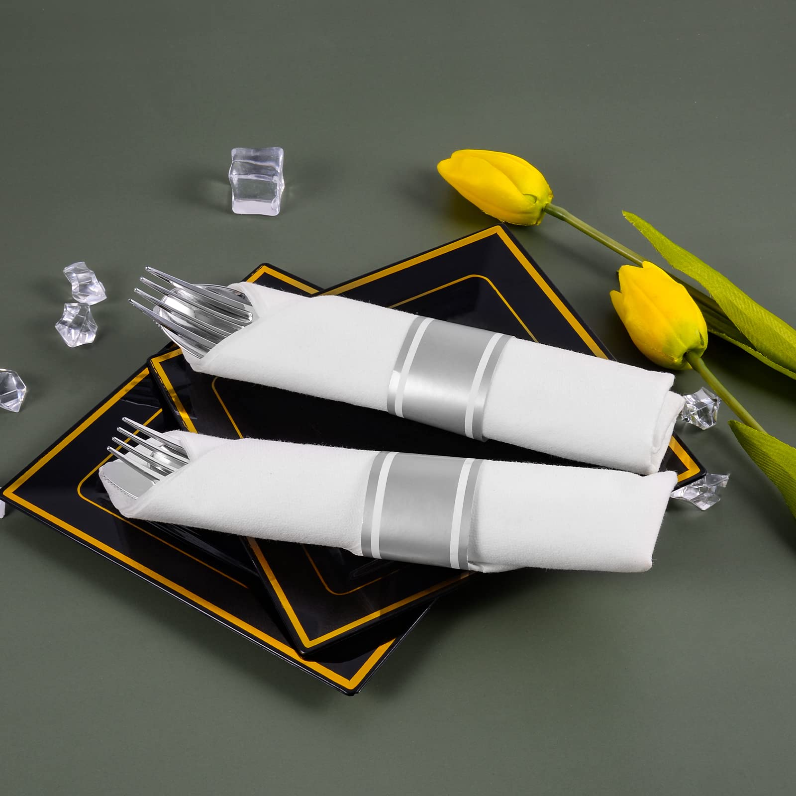 100-Pack Premium Silver Plastic Cutlery Set - Disposable Forks, Spoons, Knives & Napkins for Parties, Weddings, Birthdays | Bulk Wrapped Silverware for Catering, Picnics & Events