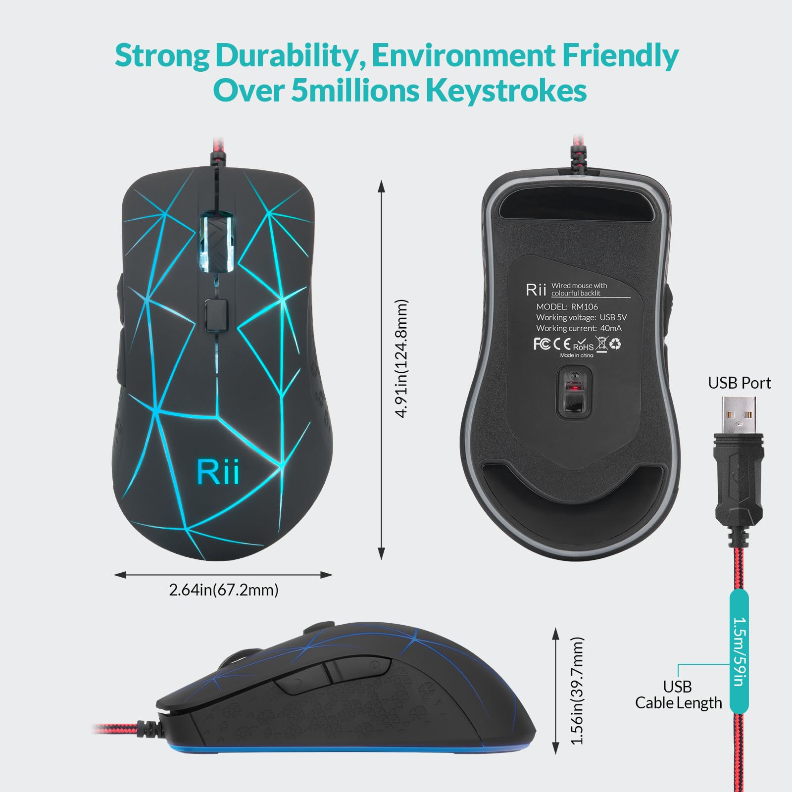 Rii Gaming Mouse with 6 Buttons, 1200-3200 DPI Adjustable Optical Gaming Mouse, RGB Burst Pattern, Wired USB Mouse for PC, Windows, Mac, Linux - 150cm Cable - Black - Perfect for FPS, MOBA & MMO Gaming