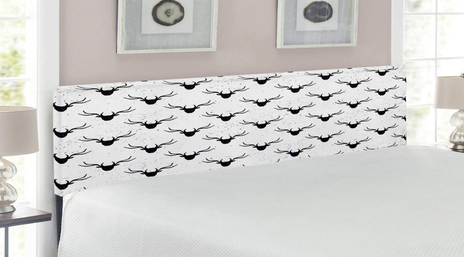 Ambesonne King Size Upholstered Metal Headboard with Memory Foam - Deer Antler Silhouette on Stained Worn Background, Black & White Animal Illustration - Perfect for Rustic, Lodge & Hunting Theme Bedrooms