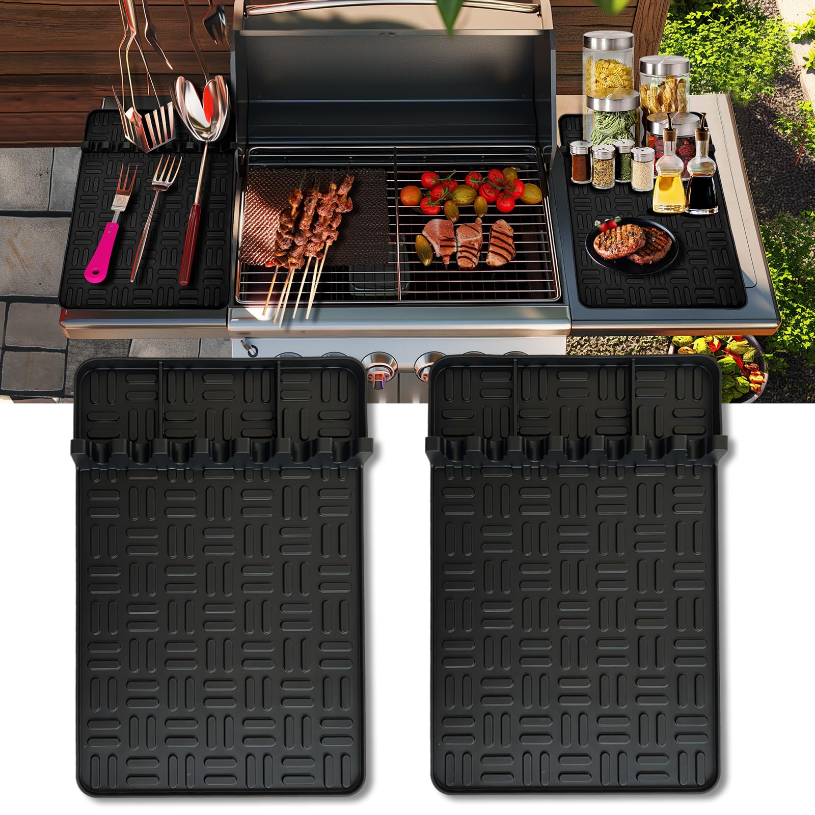 2PCS Large Silicone Griddle Tools Mat with Drip Pad - 15.35