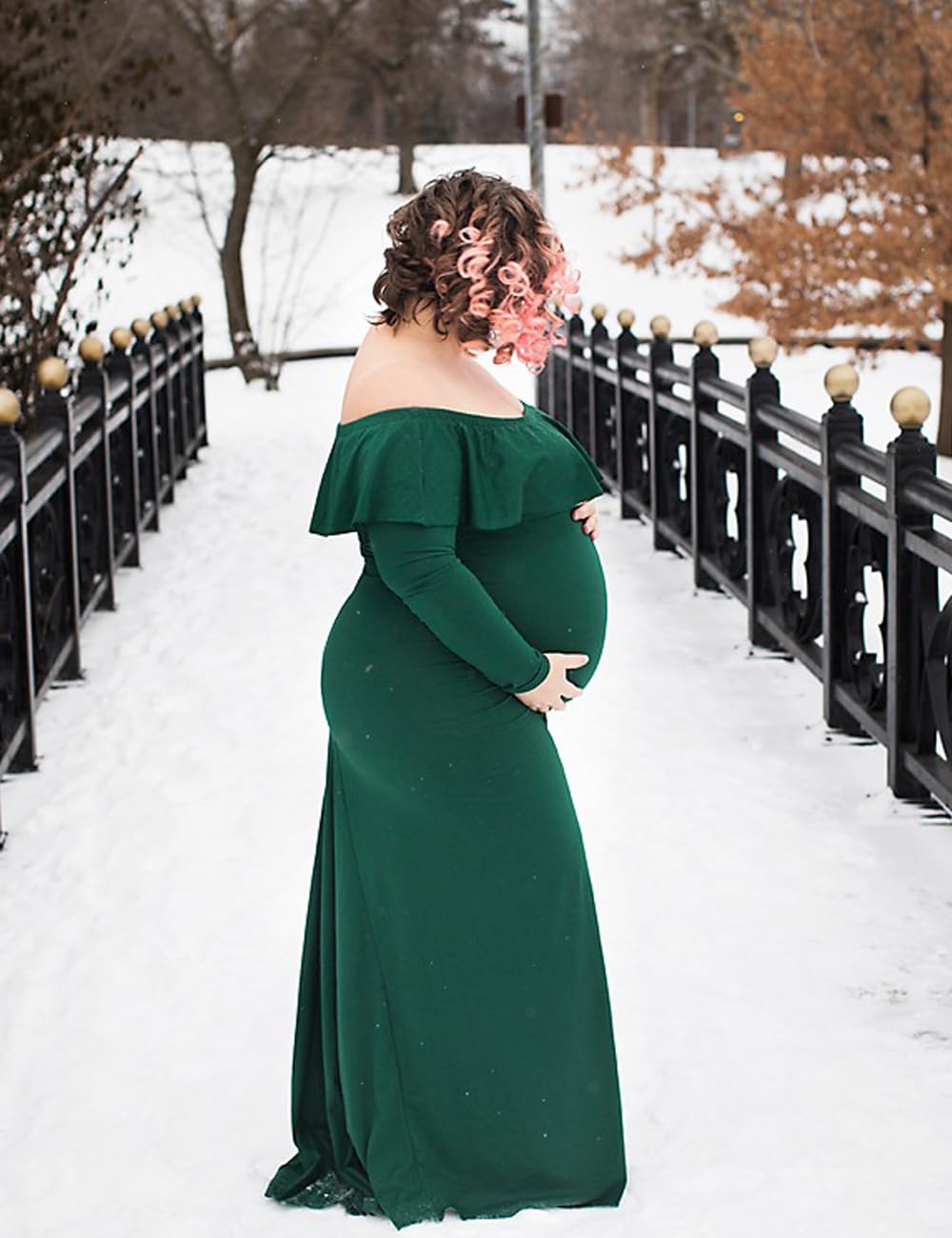 Elegant Maternity Gown - Off Shoulder Long Sleeve Ruffled Maxi Dress for Pregnancy Photoshoot | Slim Fitted Photo Shoot Dress for Baby Shower, Maternity Portraits & Special Occasions