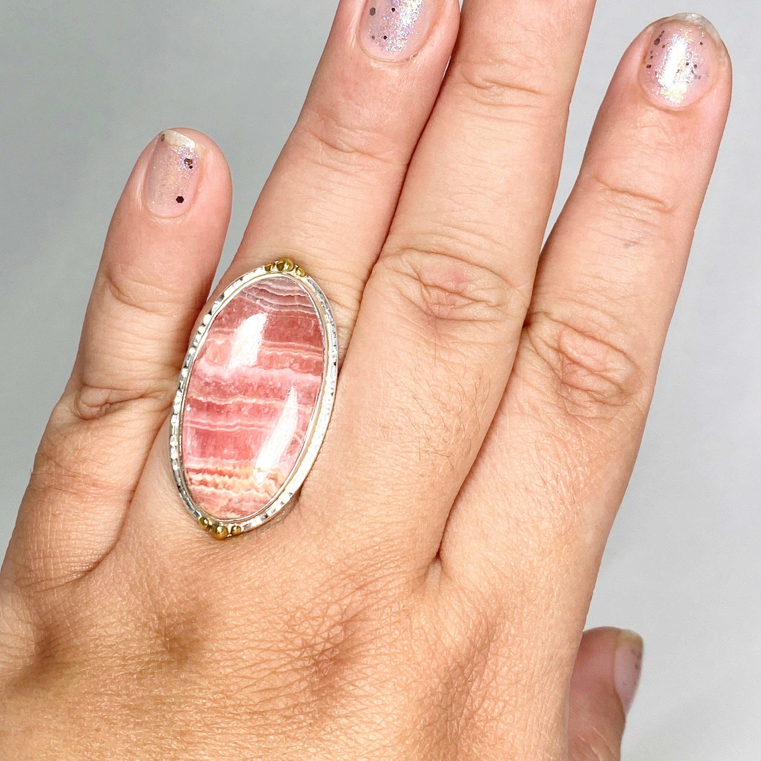 Rhodochrosite Oval Ring with Brass Accents - Size 10 Women's Jewelry KRGJ3166 | Elegant Gift for Valentine's Day, Anniversary & Special Occasions