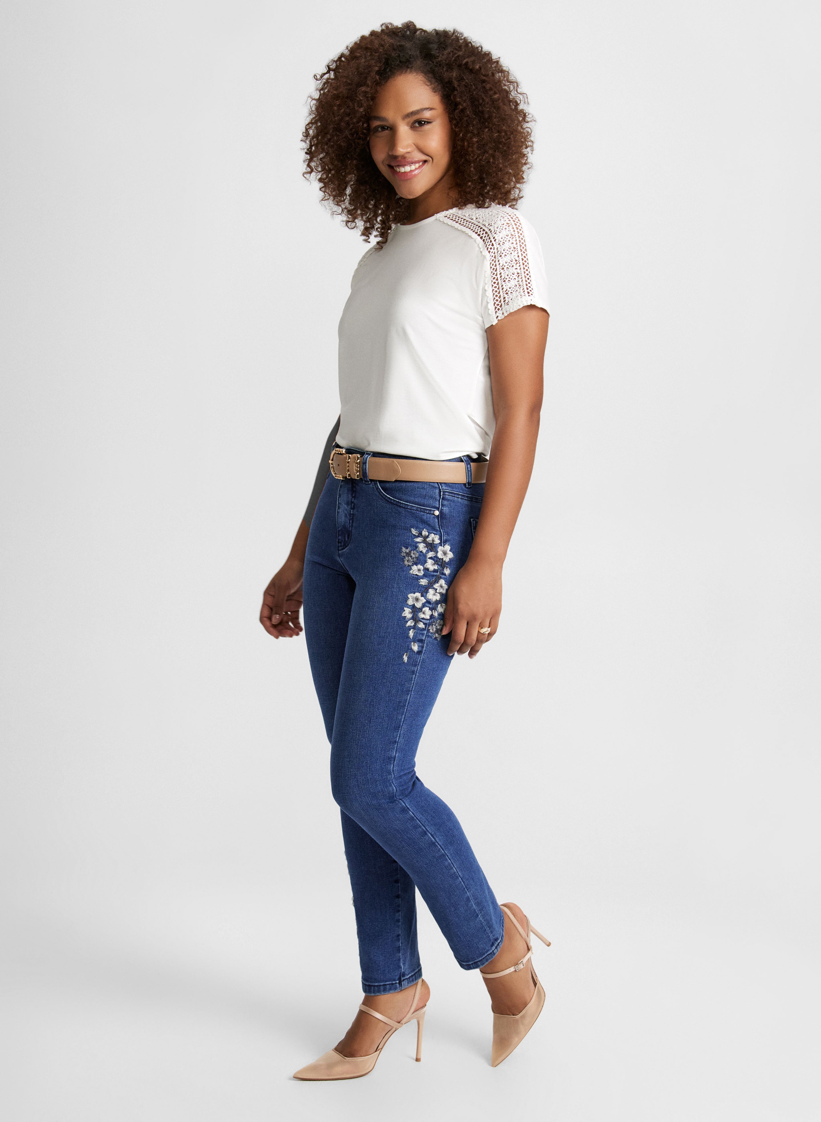 Crochet Insert T-Shirt & Embroidered Straight Leg Jeans Set - Women's Boho Chic Outfit for Casual Wear, Date Night, and Summer Fashion