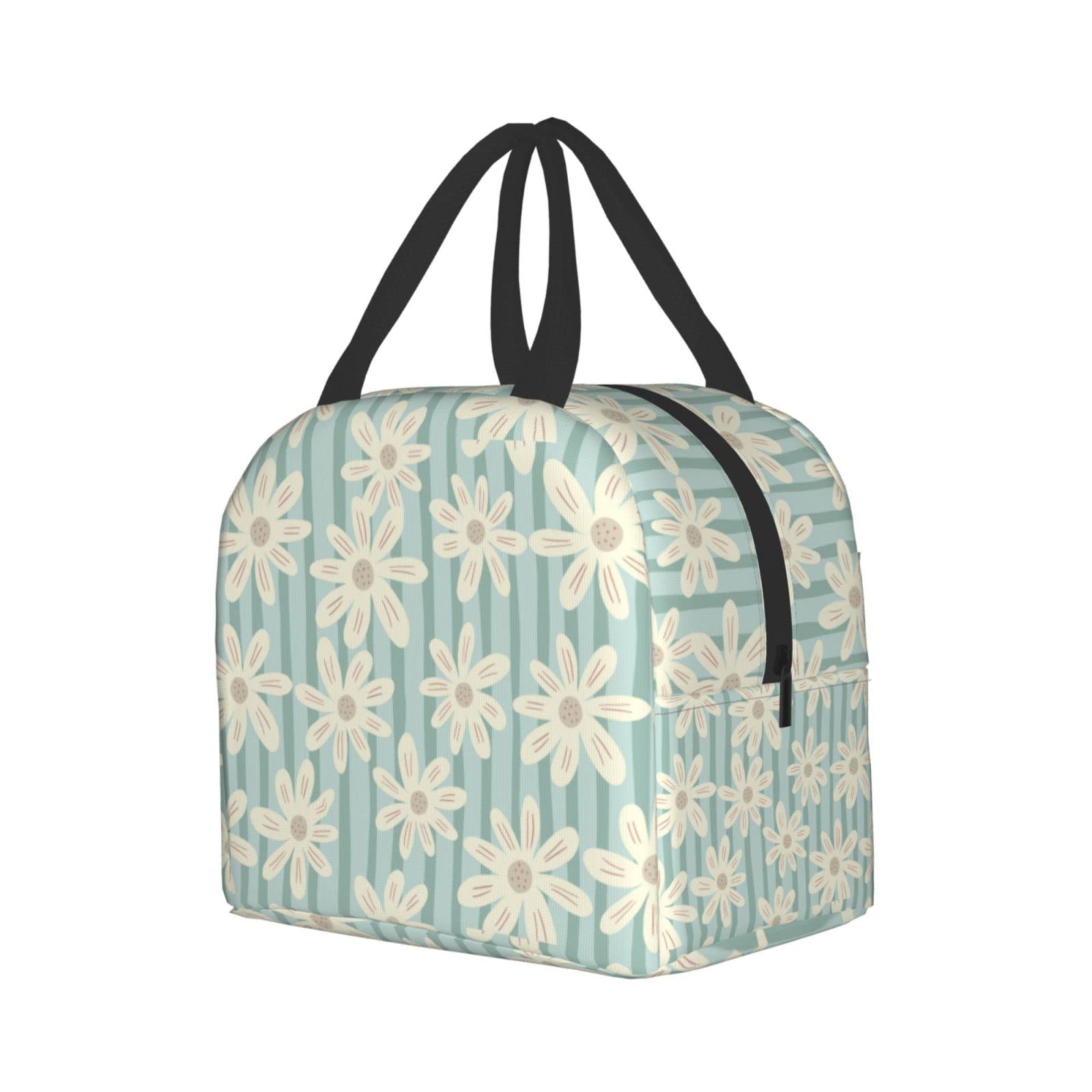 Insulated Lunch Box with Daisy Flower Stripe Design - Reusable & Portable Meal Container for Men & Women - Perfect for Work, Travel, Picnic & Outdoor Activities