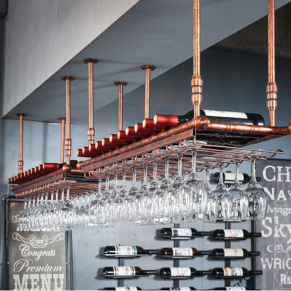 Rustic Wall Mounted Wine Rack with Adjustable Hanging Bar & Glass Holder - 47.2 Inch Bottle Shelf for Kitchen, Bar, Dining Room - Perfect for Home Decor & Wine Storage Organization