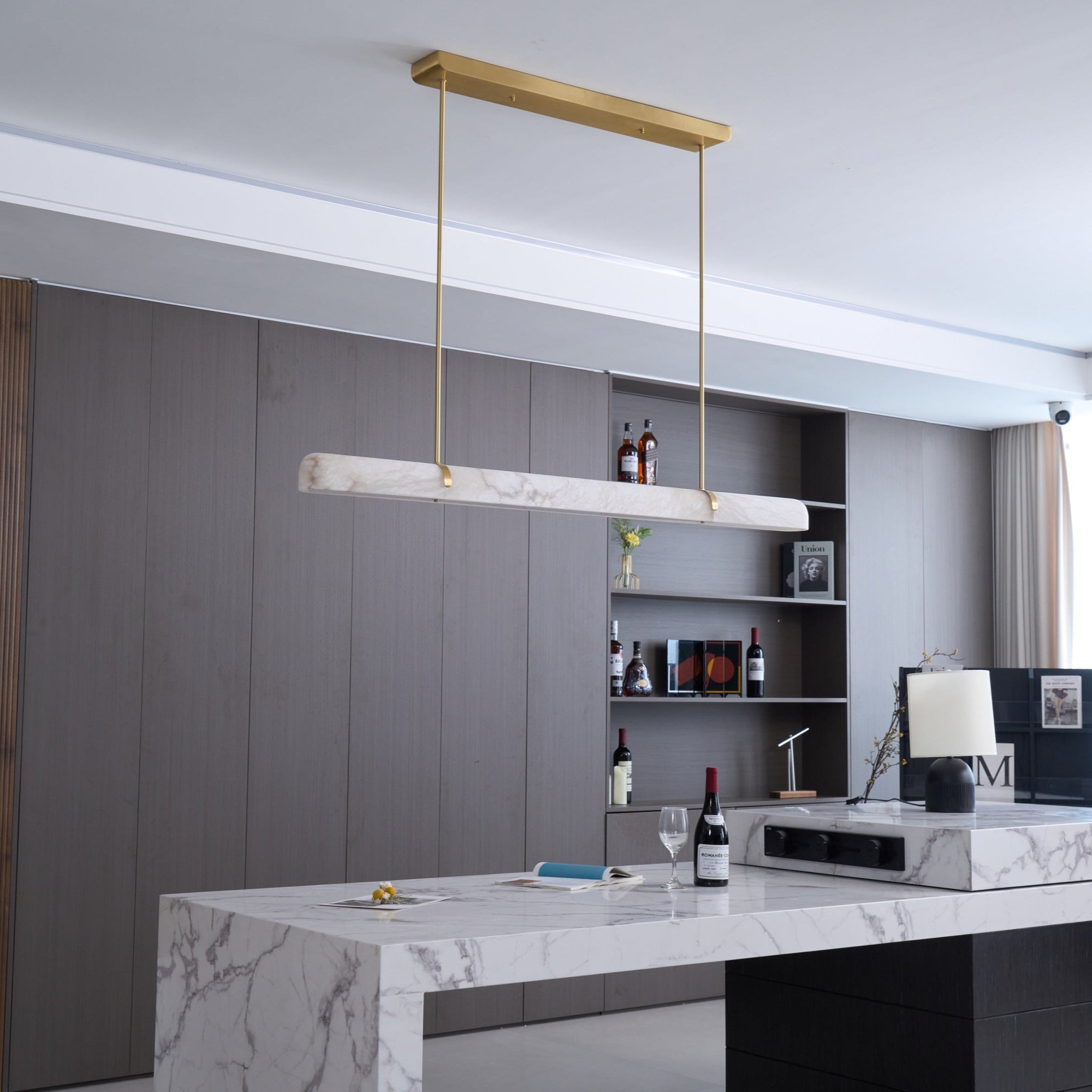 Modern Linear Alabaster Chandelier - Elegant White Crystal Pendant Light Fixture for Dining Room, Living Room & Bedroom Lighting