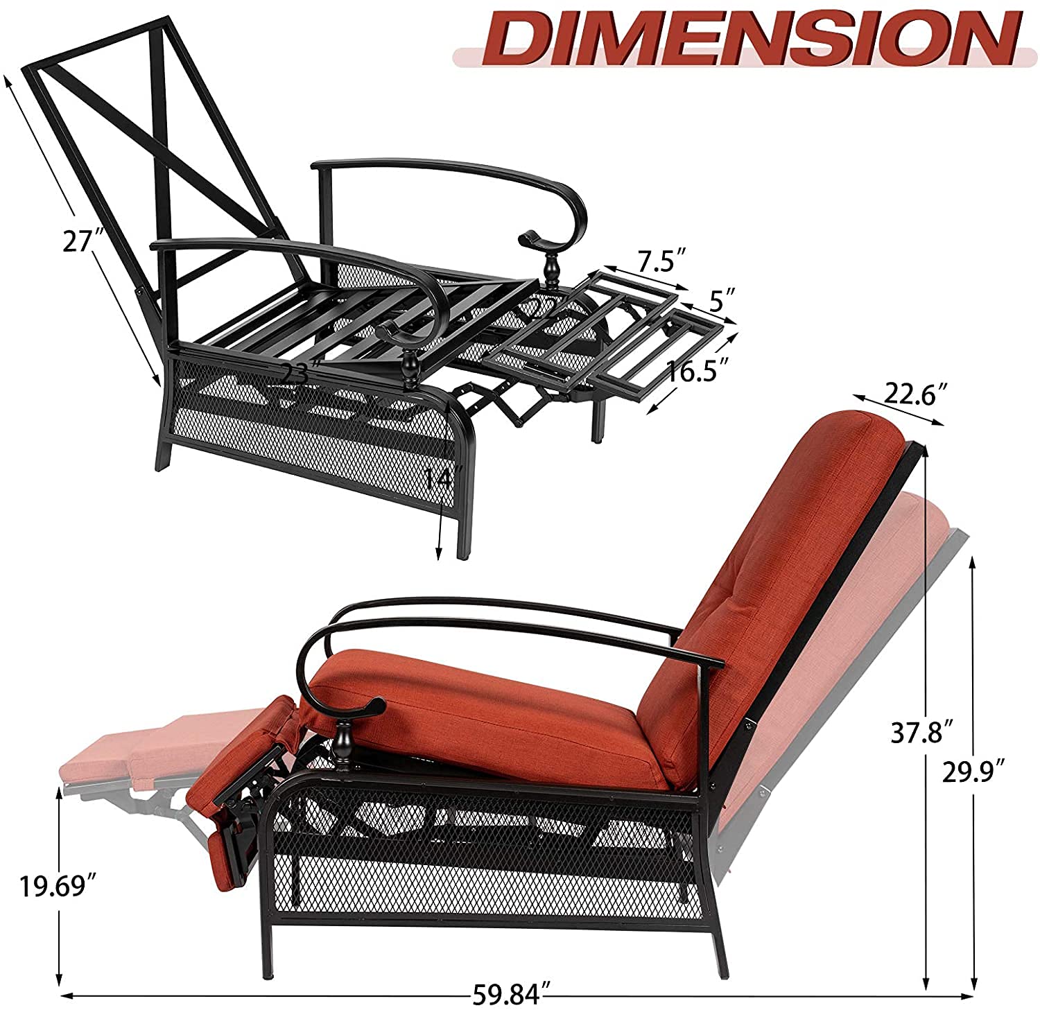 Oakcloud Adjustable Outdoor Lounge Chair - Metal Patio Recliner with Removable Cushions (Red) - Perfect for Backyard, Poolside & Beach Relaxation