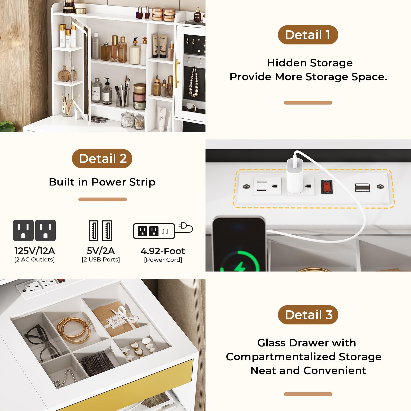 AOGLLATI White Makeup Vanity Desk with LED Lights, Mirror & Jewelry Storage - Vanity Table with Charging Station, Hidden & Open Shelves for Bedroom, Dressing Room & Beauty Salon