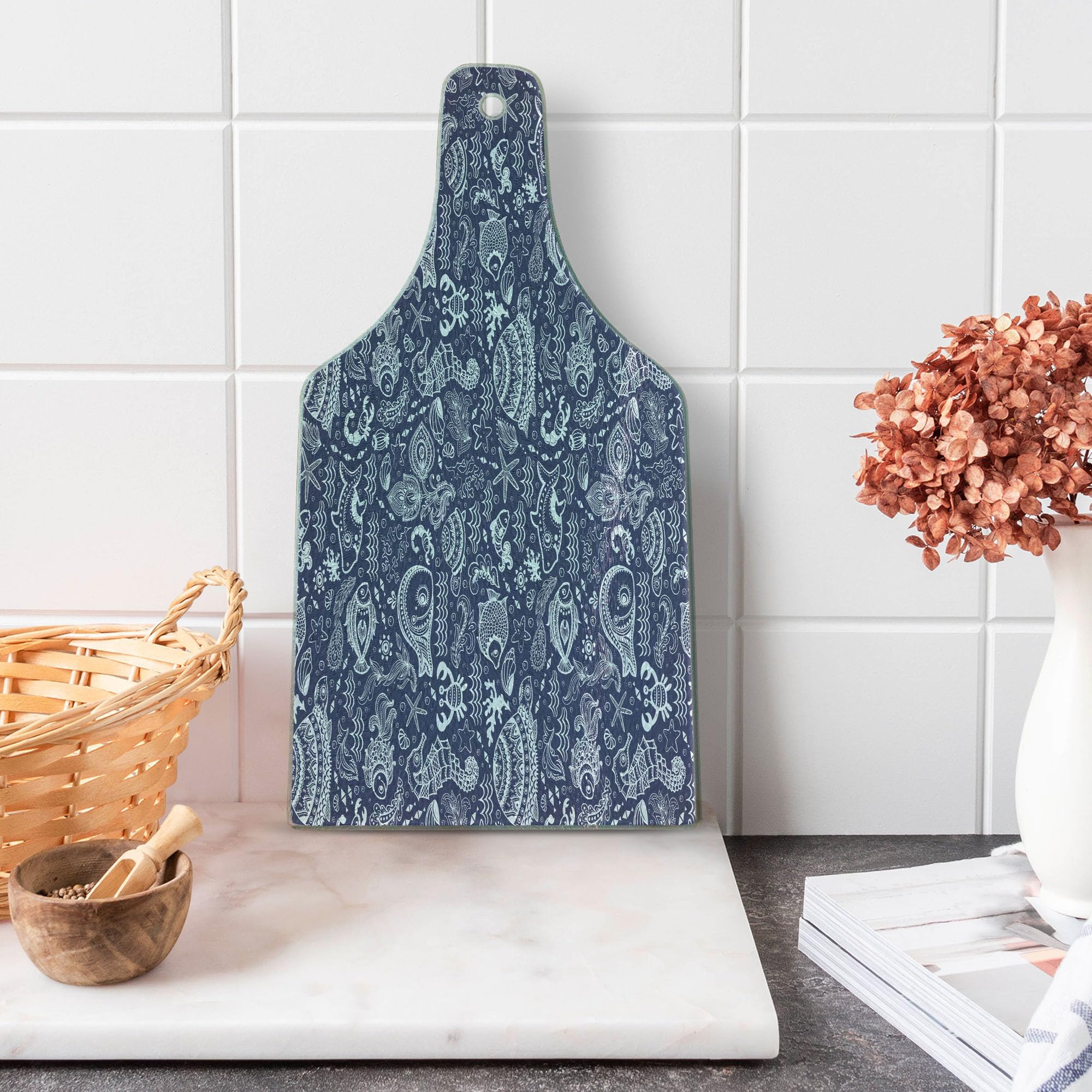 Ambesonne Ocean Theme Tempered Glass Cutting Board - Under the Sea Artwork with Seahorses, Turtles & Shells - Navy Blue & White Wine Bottle Shaped Serving Board for Kitchen, Party & Gift Giving