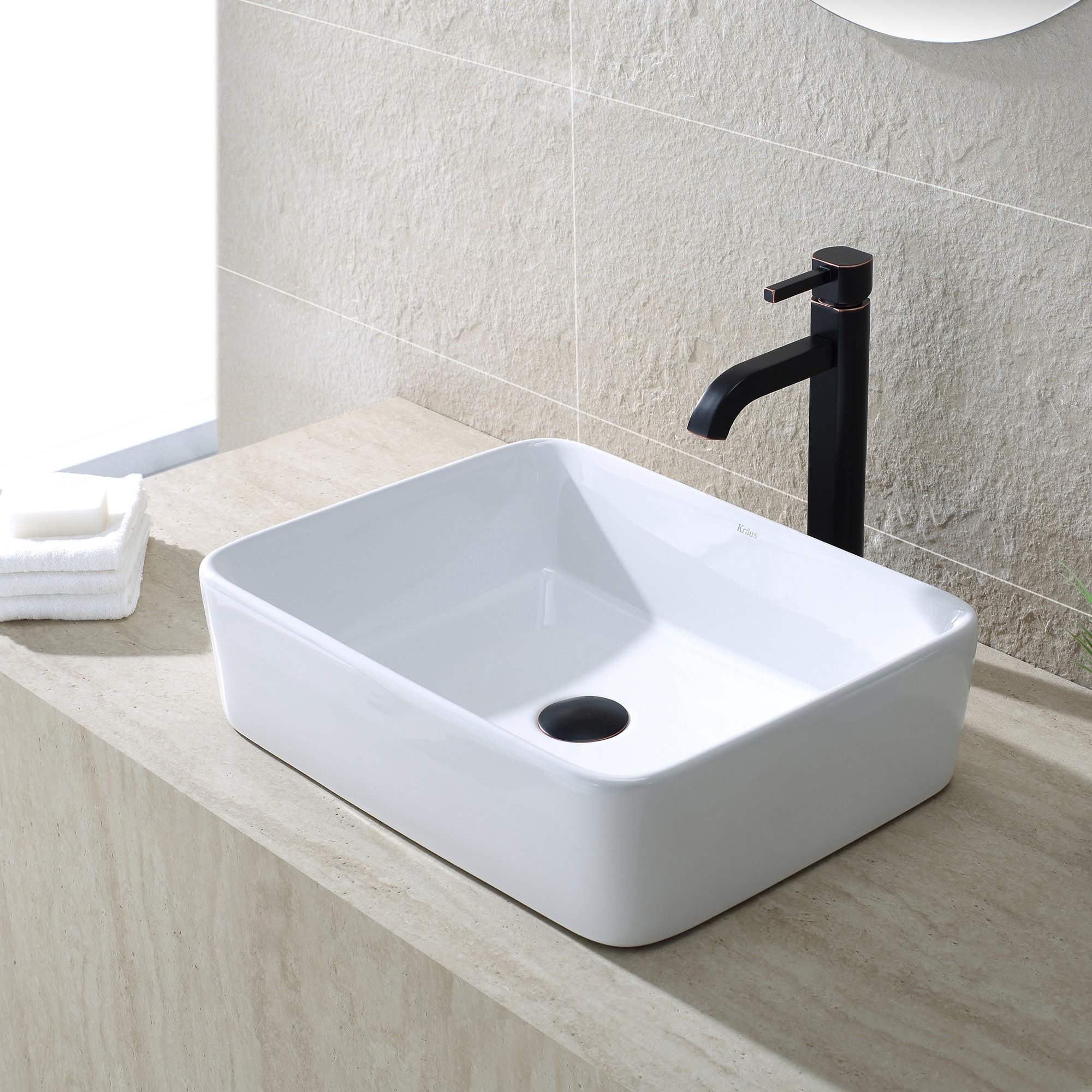 Kraus KCV-121-ORB White Rectangular Ceramic Kitchen Sink with Pop-Up Drain, Oil Rubbed Bronze Finish - Perfect for Modern Farmhouse & Rustic Bathroom Renovations