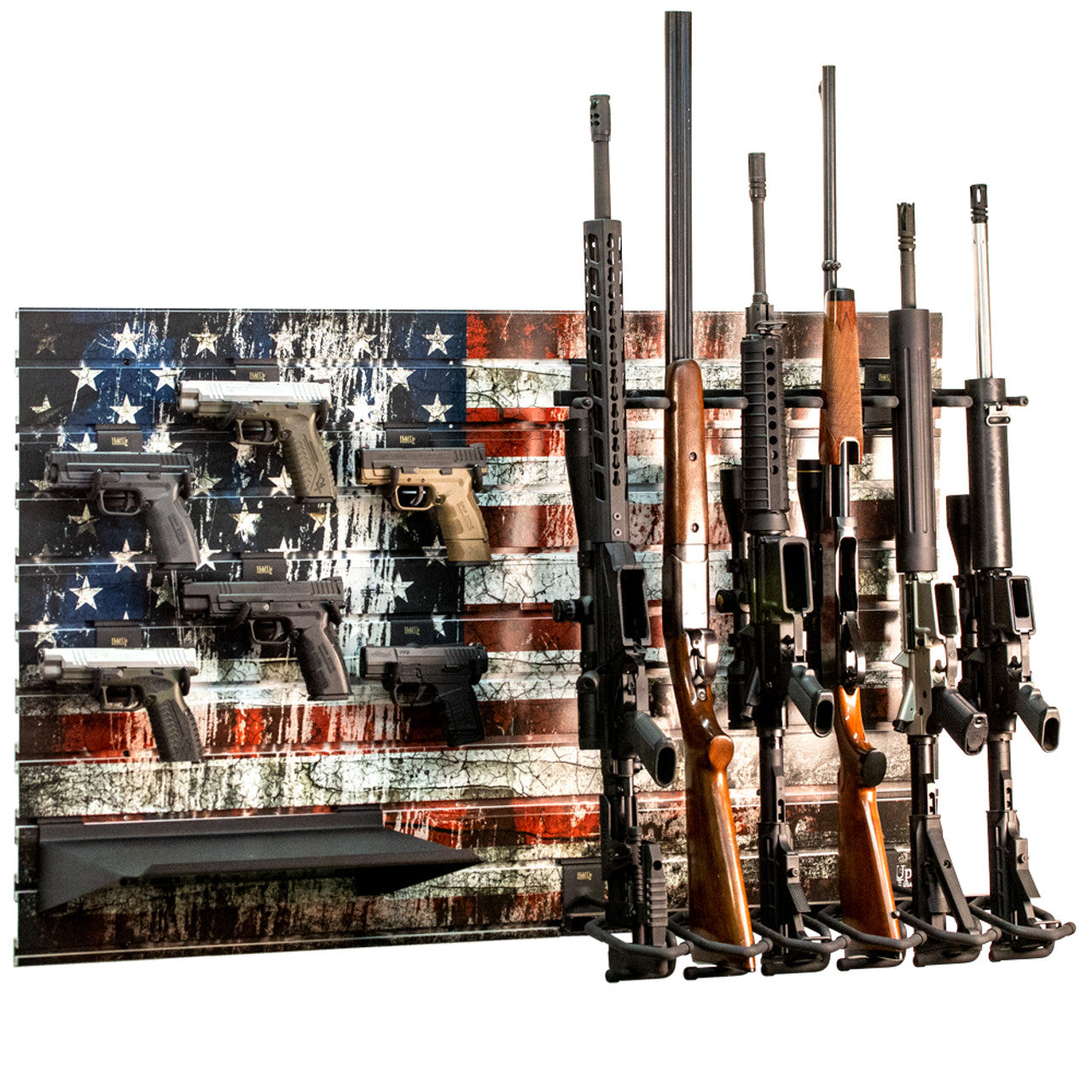 American Flag Gun Wall Display Bundle - Holds 6 Rifles & 6 Pistols (HD93 F) - Perfect for Home Armory, Gun Range & Patriotic Decor