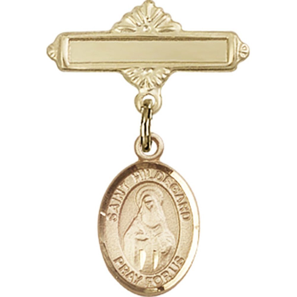 St. Hildegard Von Bingen Gold Filled Baby Badge Charm - 1 X 5/8 Inch Polished Pin for Christening, Baptism & First Communion Gifts