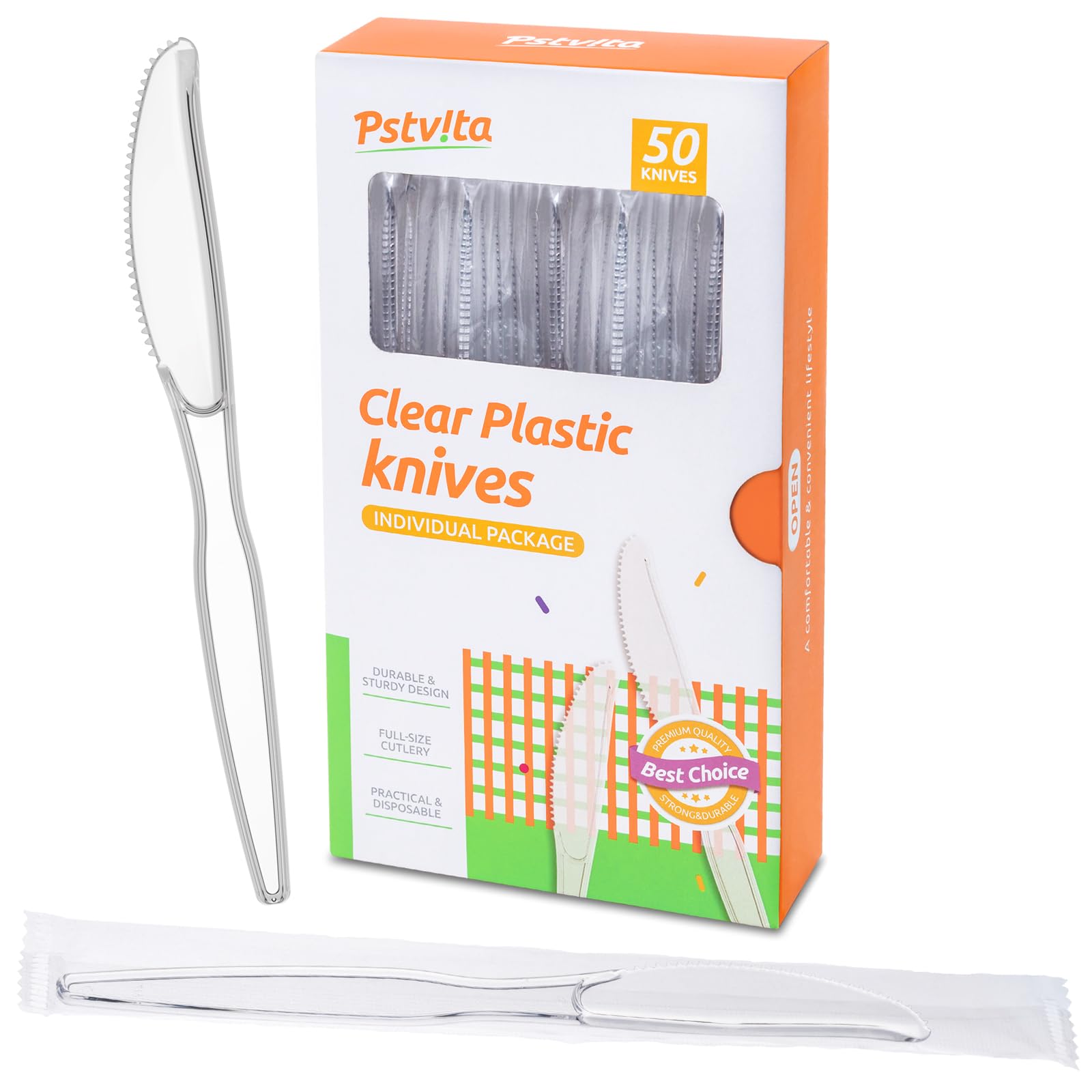 50 Pack Disposable Plastic Knives - Clear Individually Wrapped Cutlery for Parties, Picnics, BBQs & Catering Events