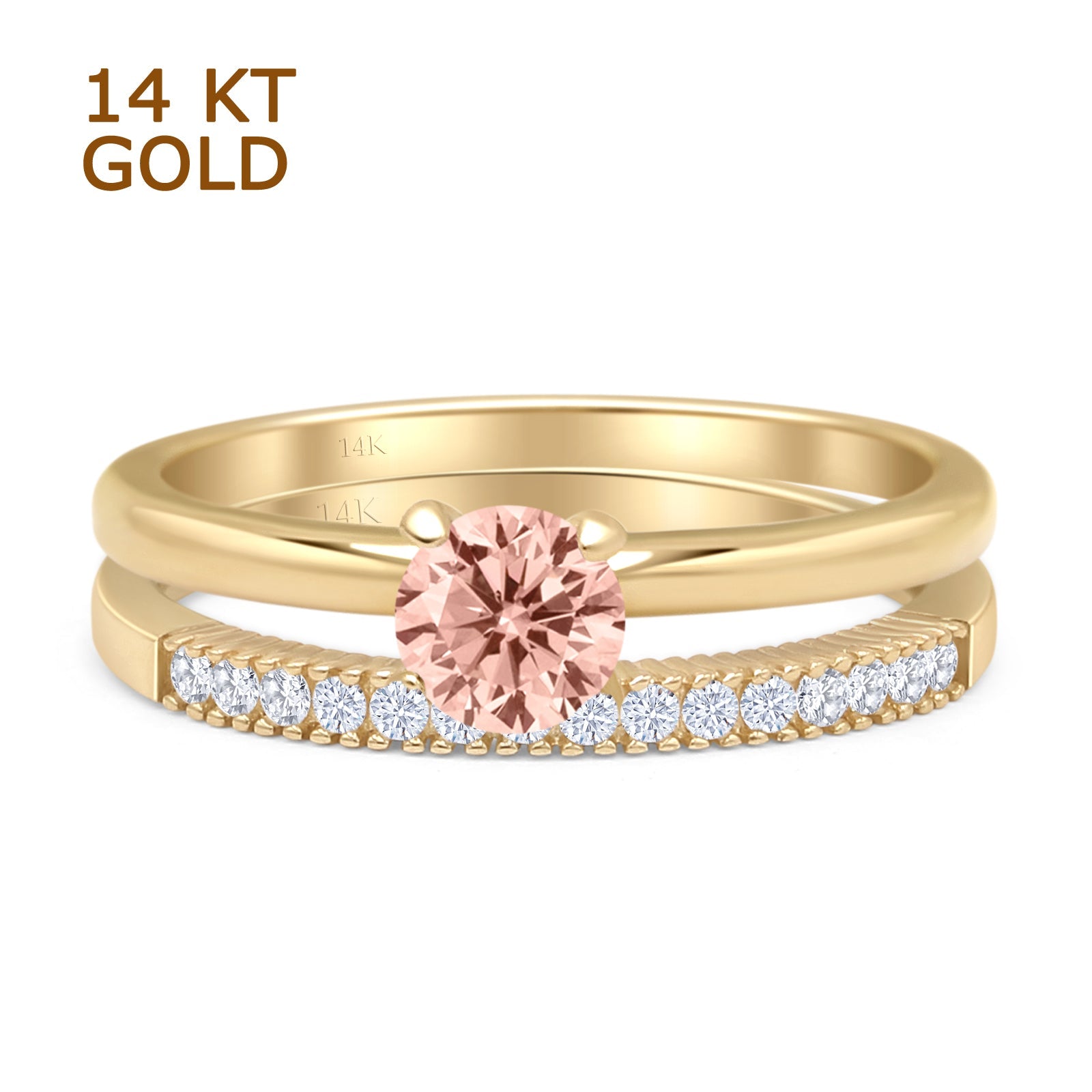14K Yellow Gold Two-Piece Round Solitaire Half Eternity Band Morganite CZ Bridal Wedding Ring Set - Perfect for Engagement, Anniversary Gifts & Romantic Occasions