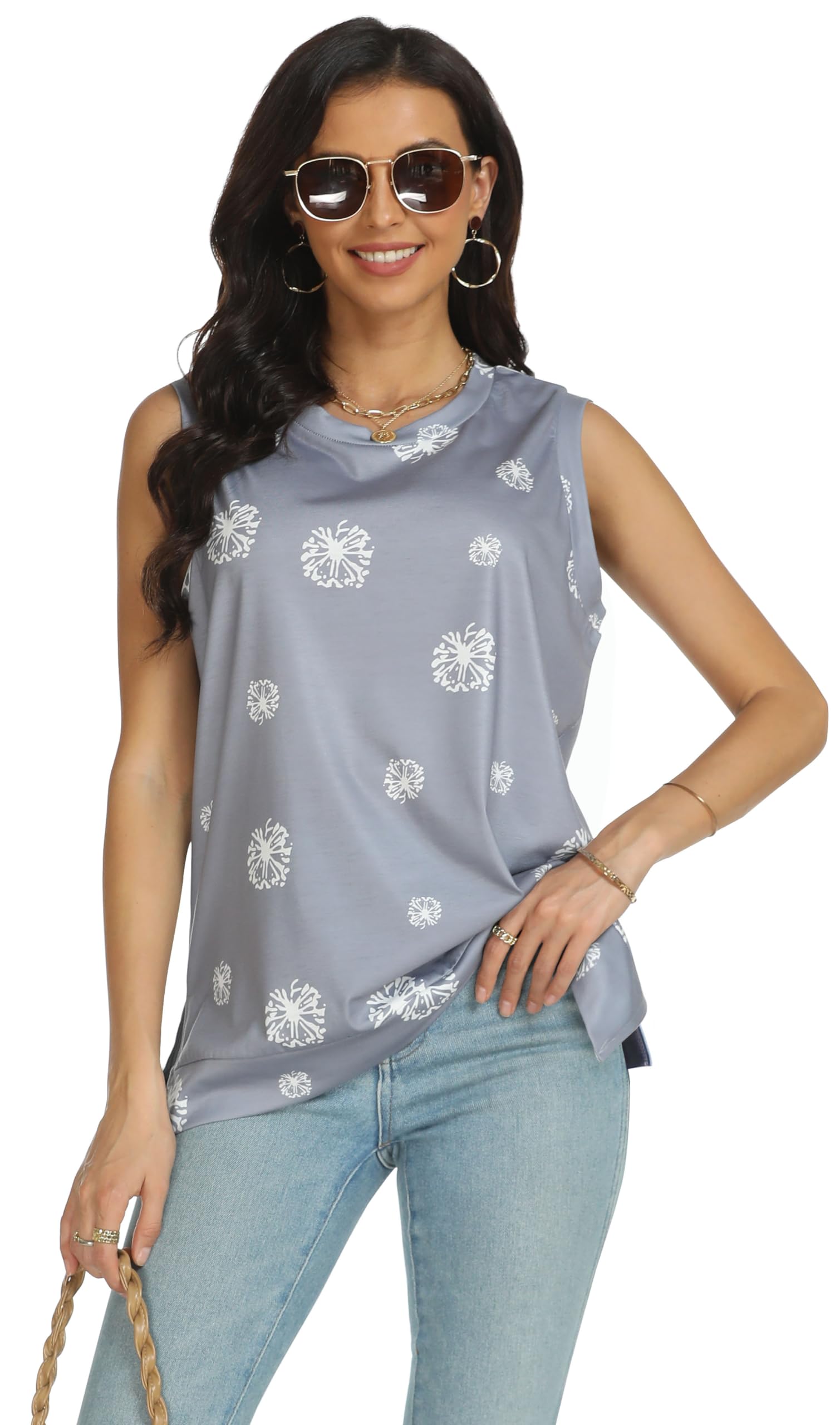 Rosemia Women's Summer Tank Tops - Casual Crewneck Sleeveless Blouse, Flowy Loose Fit Shirt for Beach, Vacation & Everyday Wear