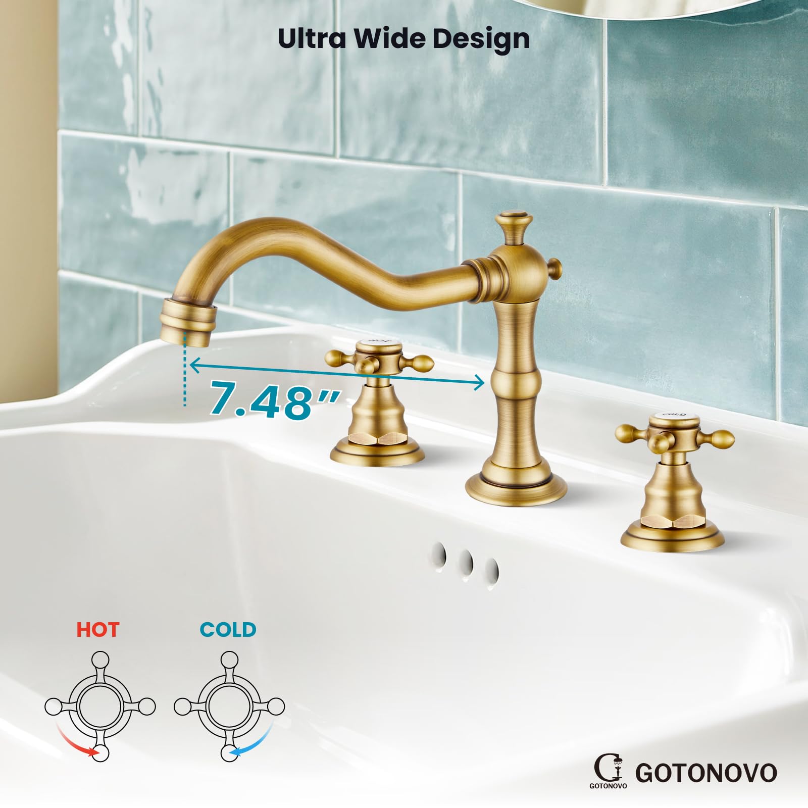 Gotonovo 8 Inch Widespread Bathroom Sink Faucet - 2 Cross Handles, 3 Hole Deck Mount Basin Mixer Tap with Pop Up Drain & Overflow - Antique Brass Finish - Perfect for Bathroom Vanity, Powder Room & Guest Bath Renovation