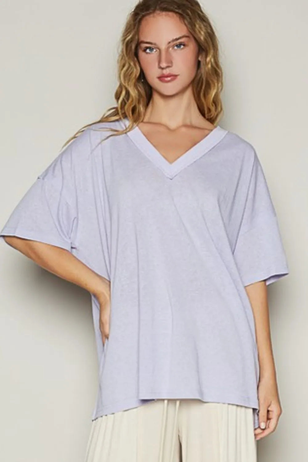 Lilac V-Neck Half Sleeve Casual T-Shirt for Women - Soft Cotton Comfort Fit Top for Everyday Wear, Work & Outings