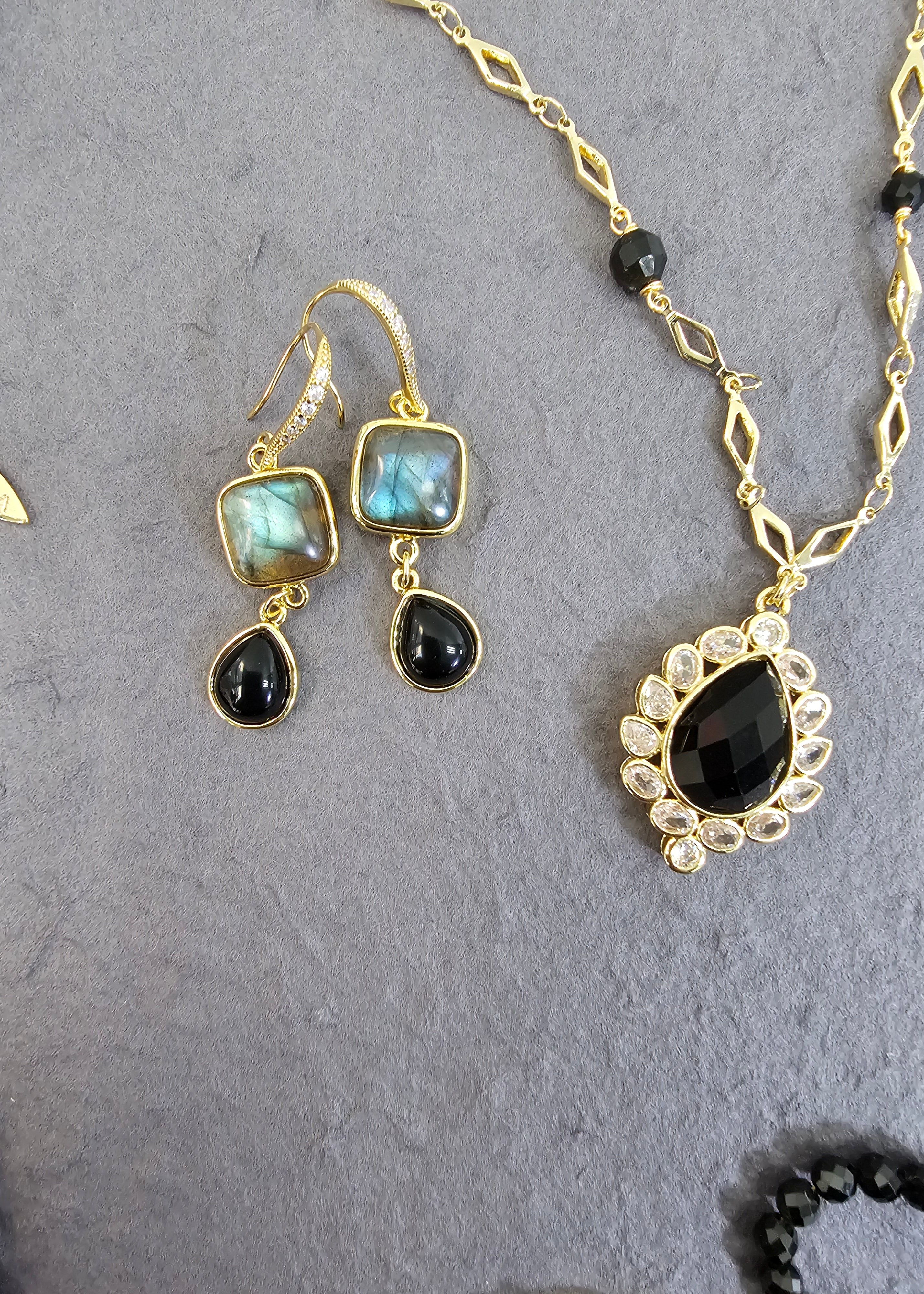 Natural Labradorite and Teardrop Obsidian Dangle Earrings for Women | Handmade Boho Jewelry | Perfect for Yoga, Meditation & Spiritual Healing