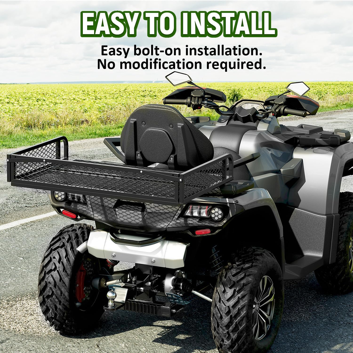 ECOTRIC Universal ATV UTV Rear Cargo Basket - Heavy Duty Black Steel Mesh Storage Rack for Hunting, Camping & Outdoor Adventures
