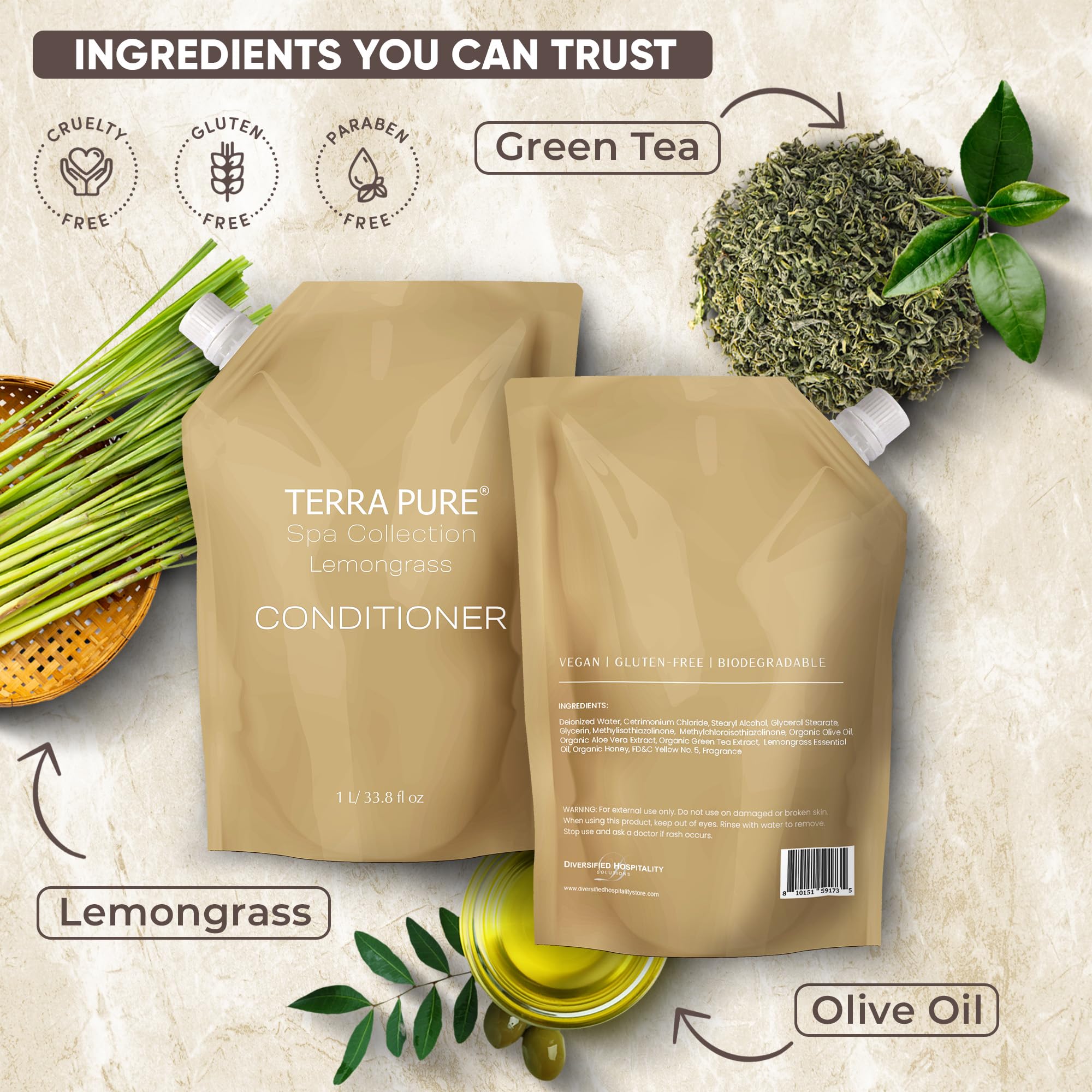 Terra Pure Spa Collection Conditioner Refill - 1 Liter (12 Pack) - Moisturizing & Nourishing Hair Care, Paraben-Free & Sulfate-Free - For Salons, Spas & Home Use
