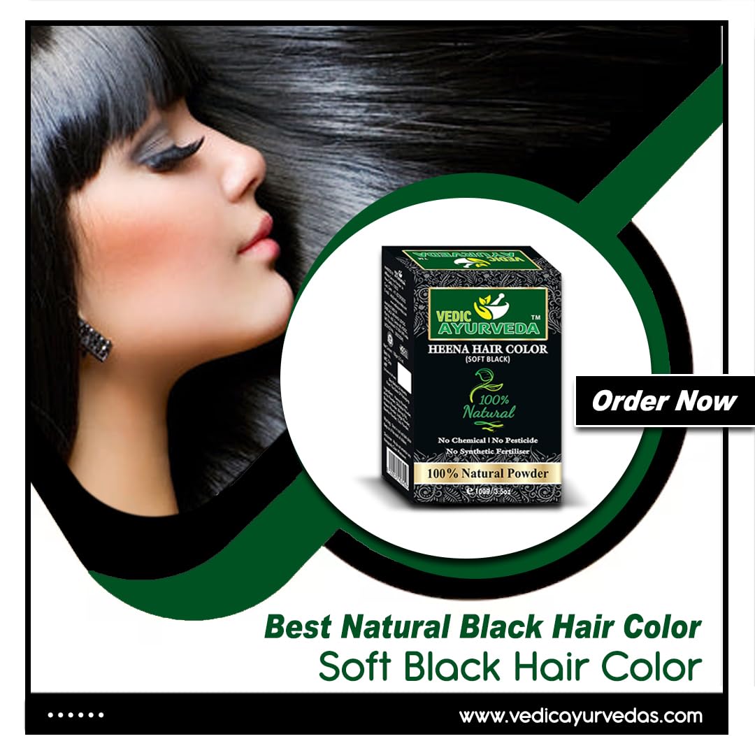 VEDICAYURVEDA 100% Natural Henna Hair Dye - Soft Black (100g) for Men & Women | Chemical-Free Herbal Hair Color for Gray Coverage & Conditioning | Perfect for Home Use & Salon Styling