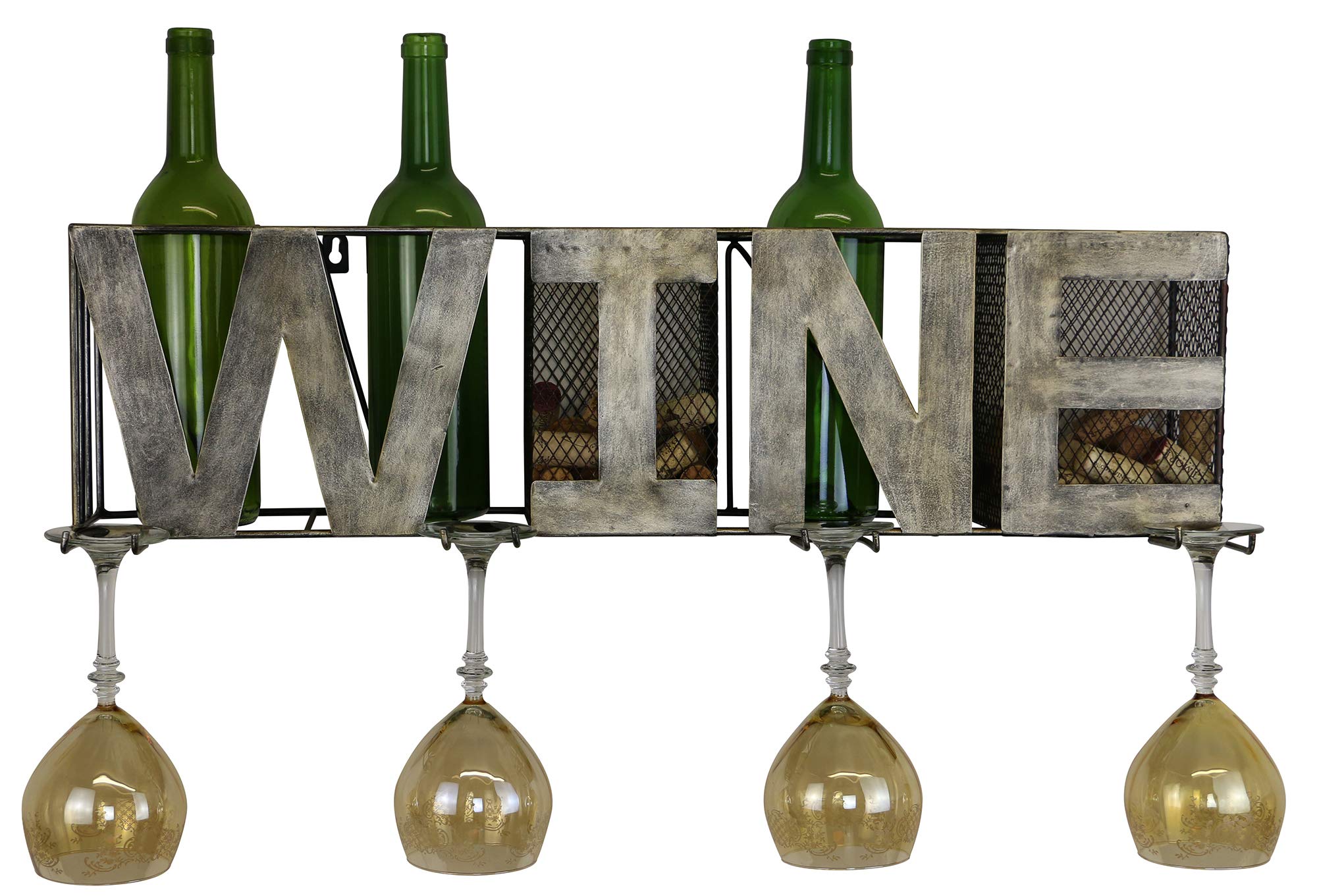 Wine Bottle Wall Rack with Hanging Shelves for Corks & Glasses - Space Saving Kitchen Decor for Wine Storage and Display