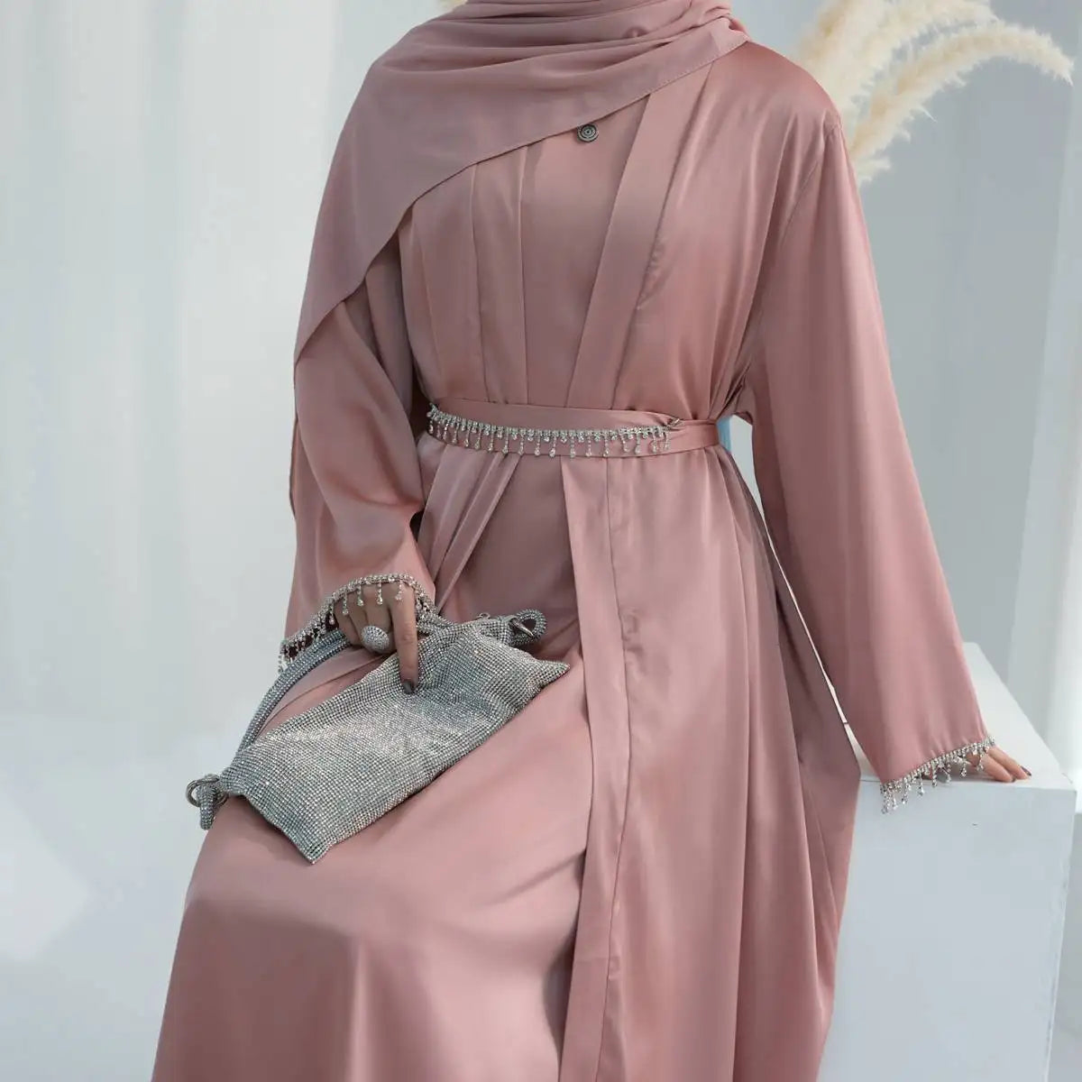 Elegant 2-Piece Modest Fashion Set - Crystal Belt Open Abaya with Sleeveless Inner Dress | Perfect for Eid, Ramadan & Special Occasions