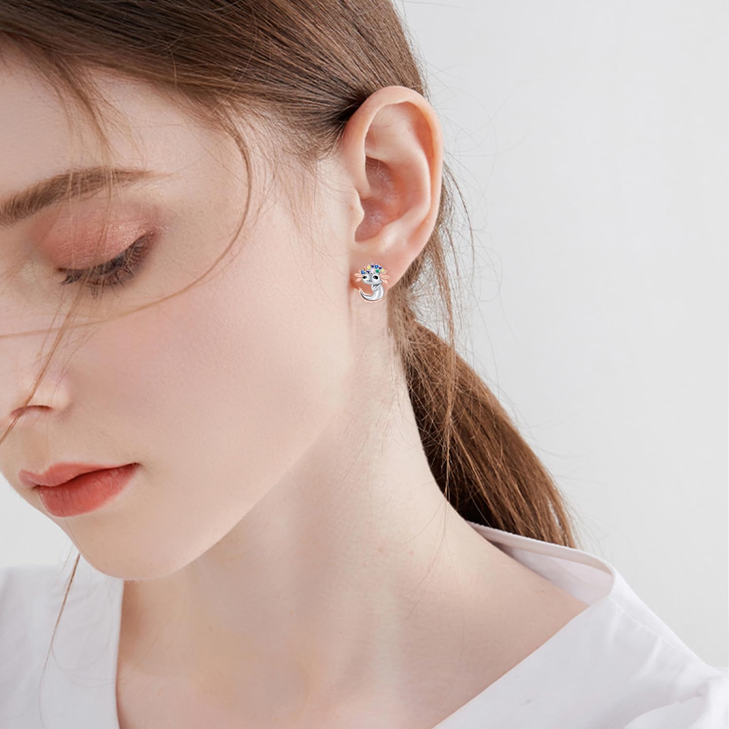 925 Sterling Silver Cute Animal Stud Earrings - Axolotl, Highland Cow, Panda & Giraffe Designs with Colored Zircon | Dainty Jewelry Gift for Women & Girls | Perfect for Everyday Wear, Birthdays & Special Occasions