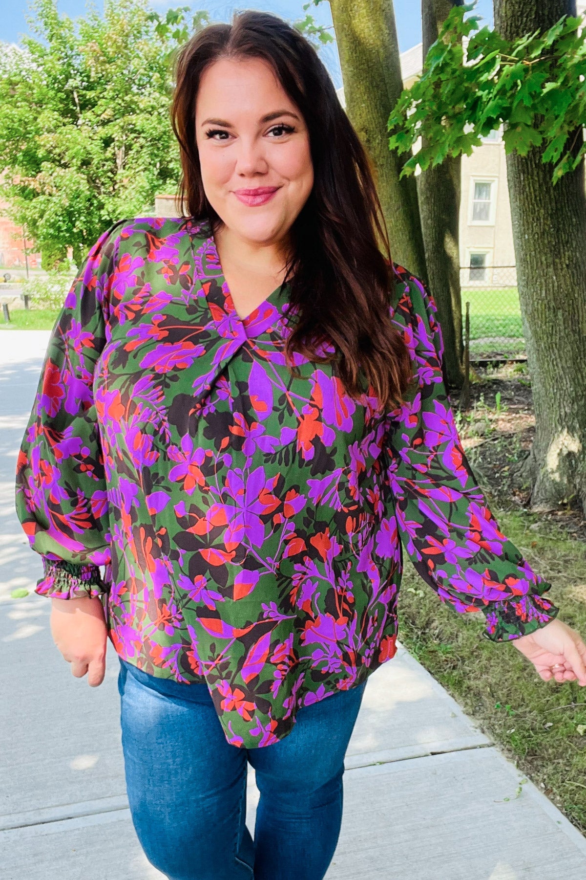 Eyes On You Forest Green Floral Smocked Bubble Sleeve V-Neck Blouse - Elegant Spring Summer Floral Top for Women, Perfect for Date Night, Garden Party & Casual Outings